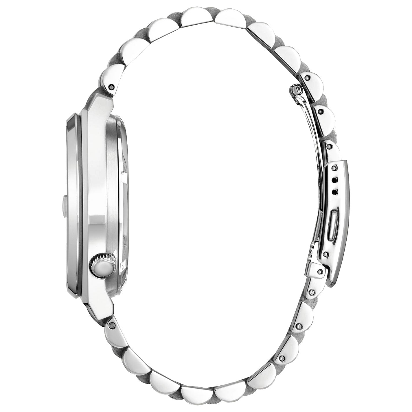 Side view of the CITIZEN TSUYOSA Collection Automatic Mechanical 40mm Watch, showcasing its silver wristwatch design with a round face, metal bracelet, and visible crown on the left. The partially open clasp reveals the links and a smooth, polished finish. This elegant timepiece from CITIZEN features automatic movement for precision and water resistance for durability.