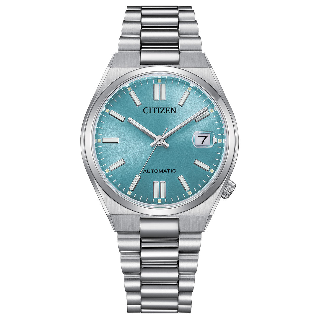 The CITIZEN TSUYOSA Collection Automatic 37mm Watch features a stainless steel case and bracelet, a sunray-textured turquoise-blue dial with silver markers and hands, plus a date window at 3 o'clock.