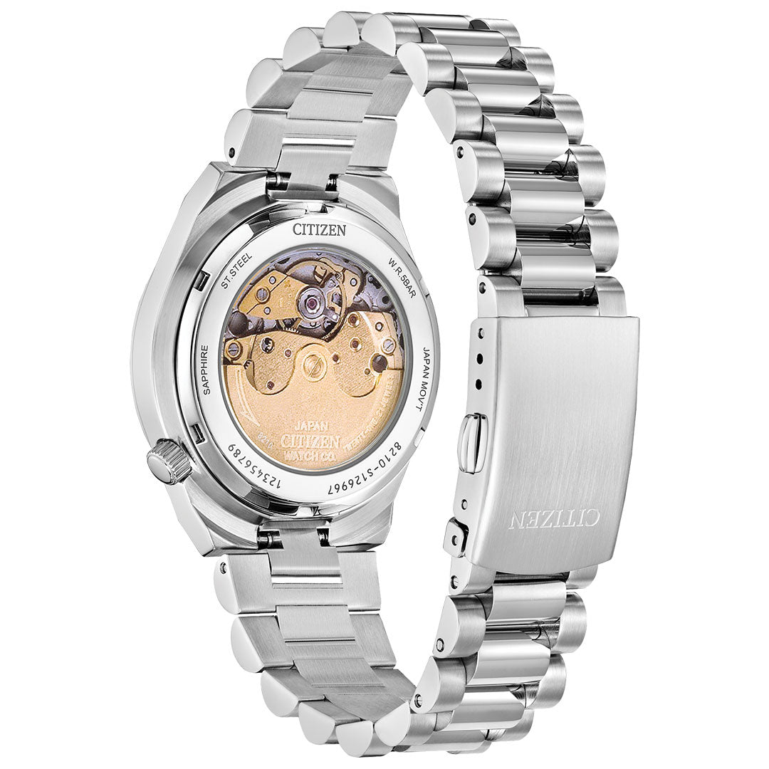 The CITIZEN TSUYOSA Collection Automatic 37mm Watch is shown from the back, revealing its transparent case back, visible mechanical movement, stainless steel bracelet, and "CITIZEN" engraved on the clasp.