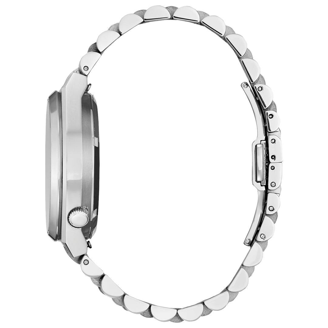 Side view of the CITIZEN TSUYOSA Small Second Automatic 40mm Watch, featuring a stainless steel case and metal link band with visible crown and clasp, highlighting case thickness and band curvature.