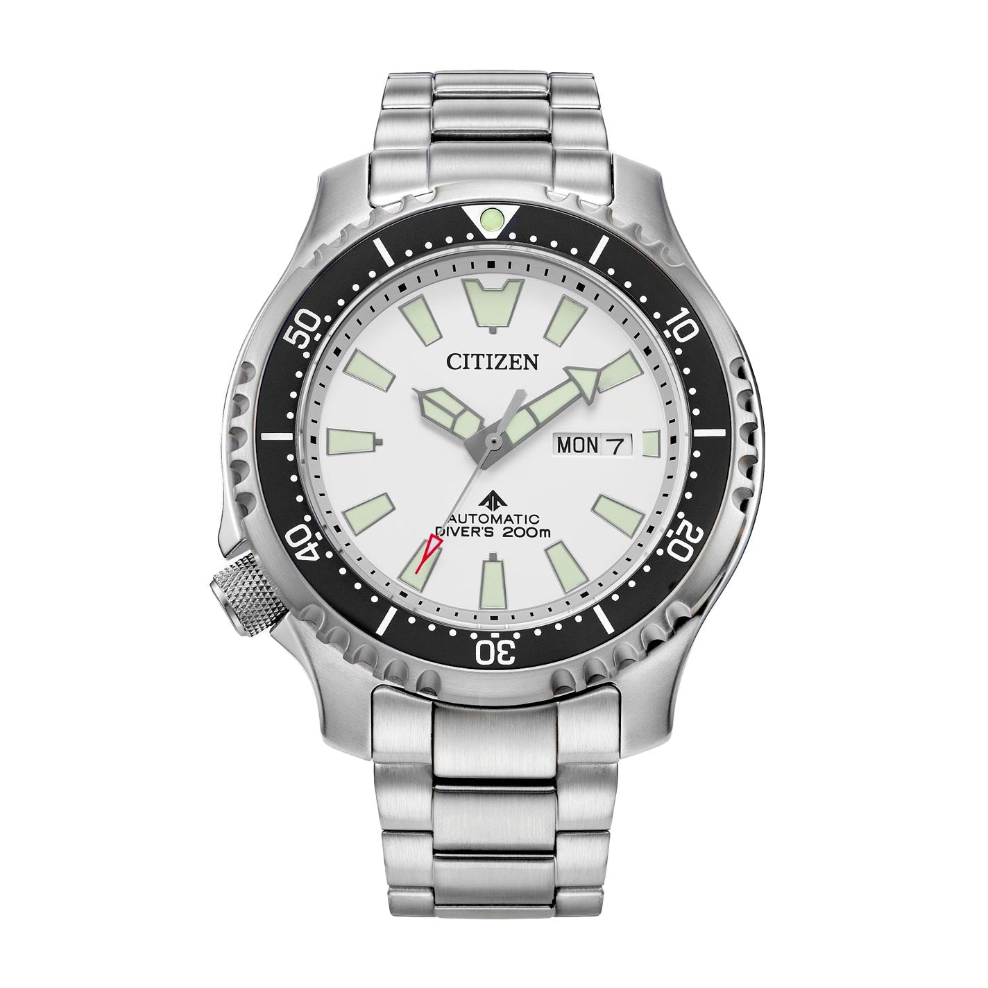 The CITIZEN Promaster Dive Automatic Mechanical 44mm Watch, in a sleek silver finish, showcases a black serrated bezel design with a white dial and luminous hands. It includes a day and date display on the right side and is water-resistant up to 200 meters. The watch is completed with a metal link bracelet featuring an intricate pufferfish engraving.