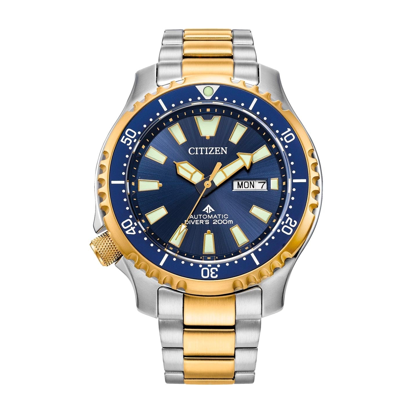 Explore the CITIZEN Promaster Dive Automatic Mechanical 44mm Watch, a diving timepiece featuring a stunning blue and gold bezel paired with a coordinating face and silver-gold bracelet. Its prominent luminous markers and day-date display offer functionality at depths reaching 200 meters.