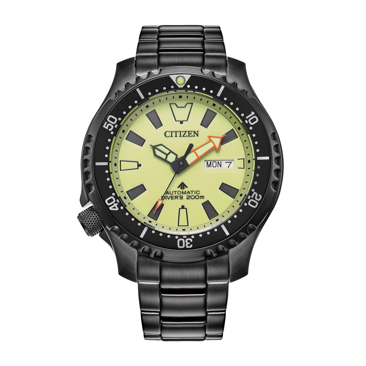 Explore the CITIZEN Promaster Dive Automatic Mechanical 44mm Watch, featuring a black stainless steel case and a striking luminous yellow dial. This timepiece includes black markings, a rotating bezel, a day-date window, and an orange hour hand. With water resistance up to 200 meters, it's crafted for serious divers.