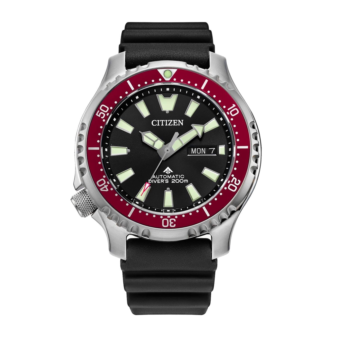The CITIZEN Promaster Dive Automatic Mechanical 44mm Watch is essential for dive watch enthusiasts. Highlighted by its black dial with luminous markers and an eye-catching red bezel, this men's timepiece showcases the day and date alongside the "Automatic Diver's 200m" feature. It is complemented by a stylish black rubber strap.