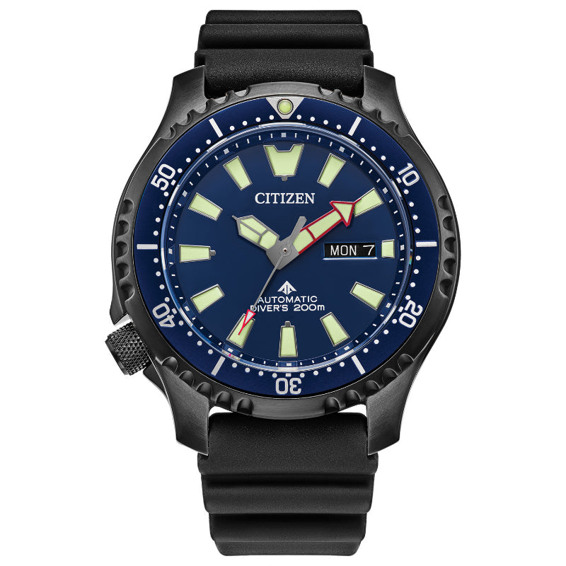 The CITIZEN Promaster Dive Automatic Mechanical 44mm Watch is designed for men, featuring a black rubber strap and a blue face. It includes luminous hour markers, a date display that reads "Mon 7," and an arrow-tipped minute hand. The watch is labeled "Automatic Diver's 200m" on the dial, indicating its suitability for diving.