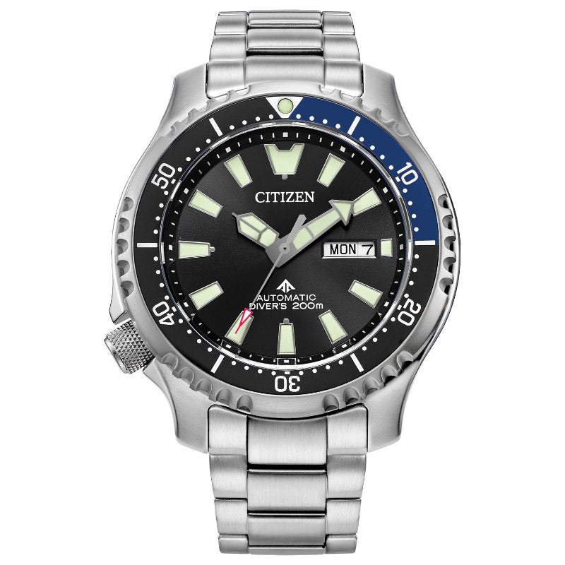 The CITIZEN Promaster Dive Automatic Mechanical 44mm Watch is an impressive diving timepiece with a silver finish and black dial, enhanced by luminescent hour markers and hands. It features a rotating bezel with minute markings, day-date display, and is water-resistant up to 200 meters. The watch is completed with a sleek metal bracelet.