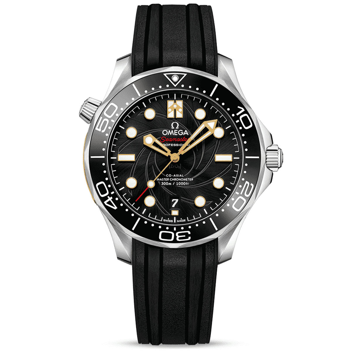 An eye-catching black and silver OMEGA Seamaster Diver 300M Co-Axial Master Chronometer Chronograph 44mm watch, featuring a sturdy black rubber strap. It showcases a black dial accented by white and gold details, includes a date function at the 6 o'clock position, and is equipped with a unidirectional rotating bezel with clear minute markers.