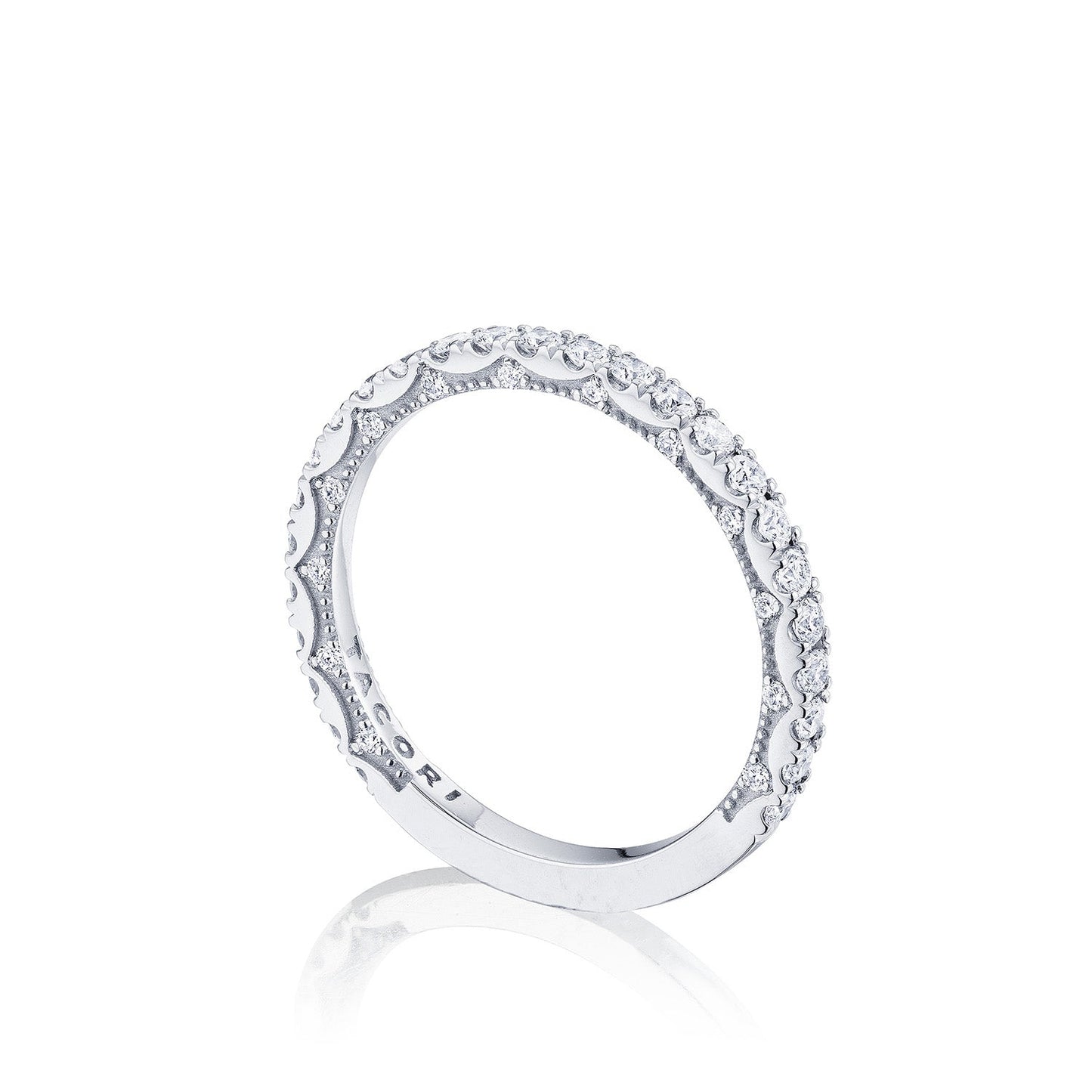 The Tacori Coastal Crescent 14K White Gold Round Brilliant French Pavé Diamond Anniversary Ring is elegantly displayed on a white background, showcasing its intricate design highlighted by French pave-set diamonds.
