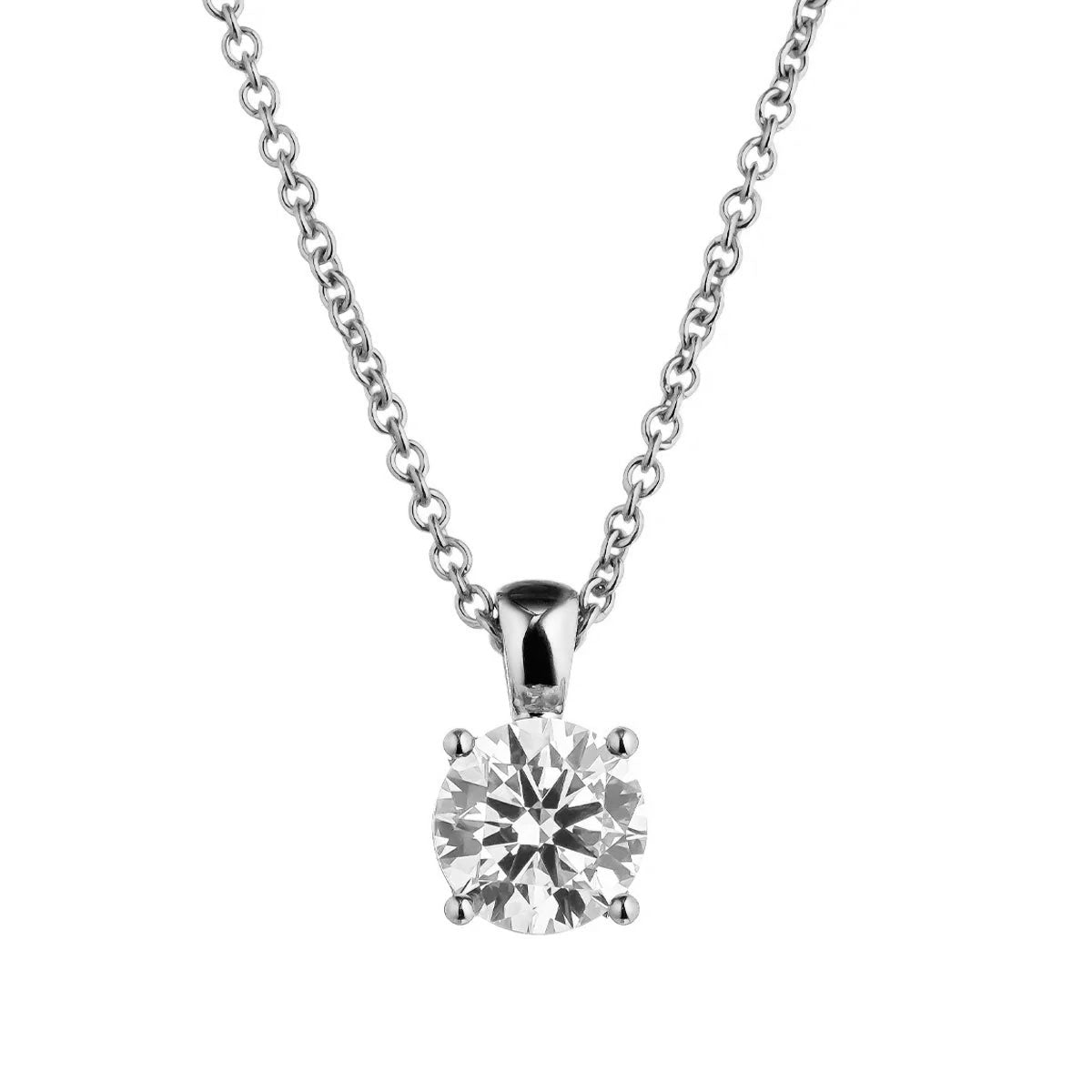 The Raffi&Co.® 14K White Gold Round Brilliant Lab Diamond Necklace Pendant features a round, clear lab diamond in a four-prong setting on a sleek silver chain, shown against a white background.