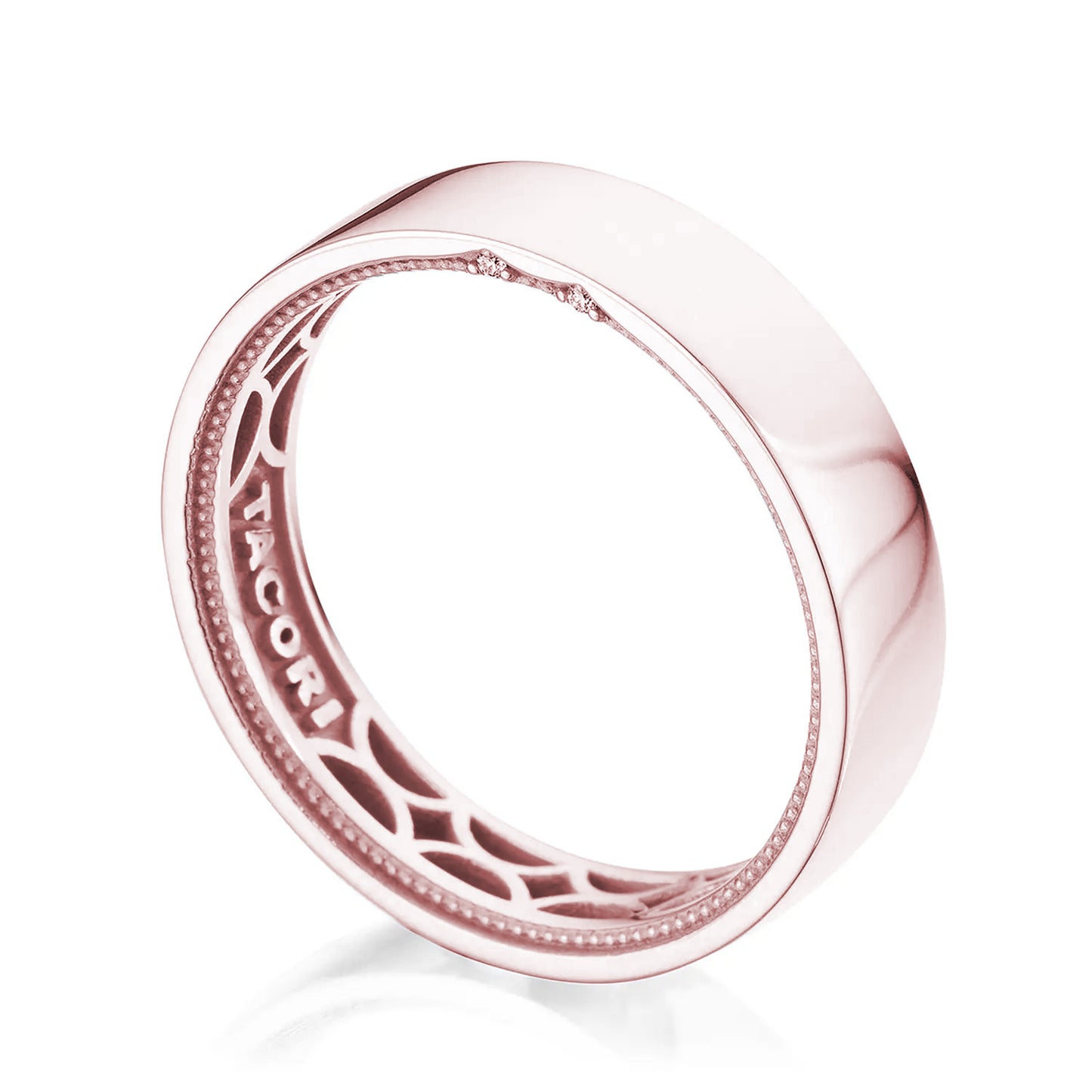 Introducing the Tacori Classic Criss Cross Brush Finish 14K Rose Gold Wedding Band, a distinguished gentlemen's band crafted with a sleek exterior and an intricately detailed inner band featuring stunning diamond-embellished accents. The name "Tacori" is elegantly engraved on the inside.