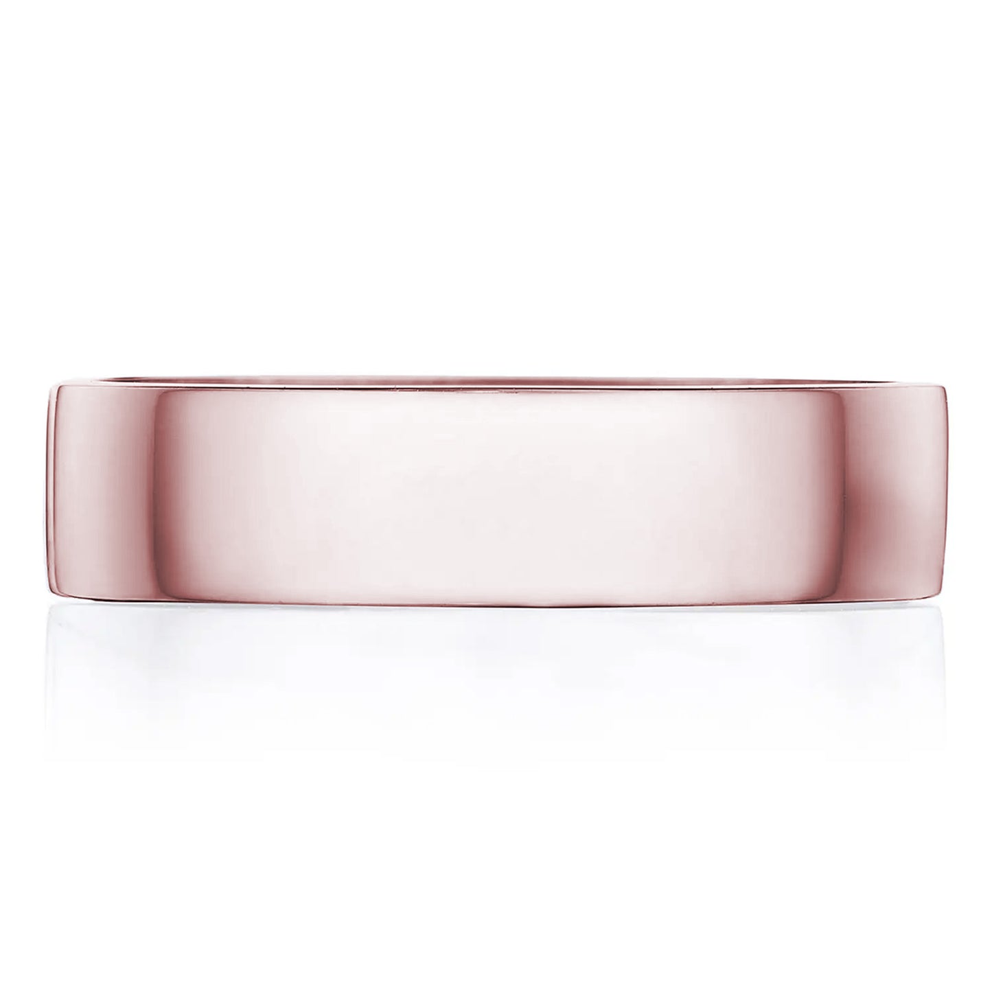 The Tacori Classic Criss Cross Brush Finish 14K Rose Gold Wedding Band showcases a sleek, polished design with its smooth and reflective surface. Diamond-cuddled detailing complements the slightly rounded, flat shape of this elegant gentlemen's band, beautifully highlighted against a plain white background.