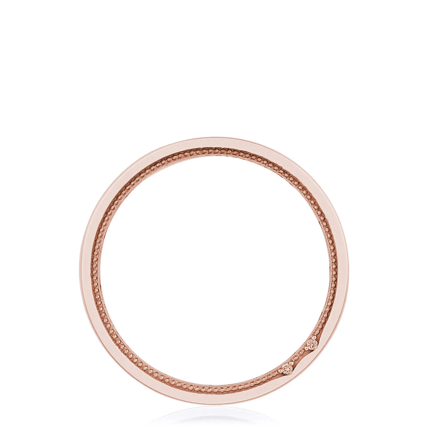 The Tacori Classic Criss Cross Brush Finish 14K Rose Gold Wedding Band showcases a minimalist design with a subtle braided texture and diamond-accented detailing, adding an elegant touch with its small, sparkling gems. The background is plain white.
