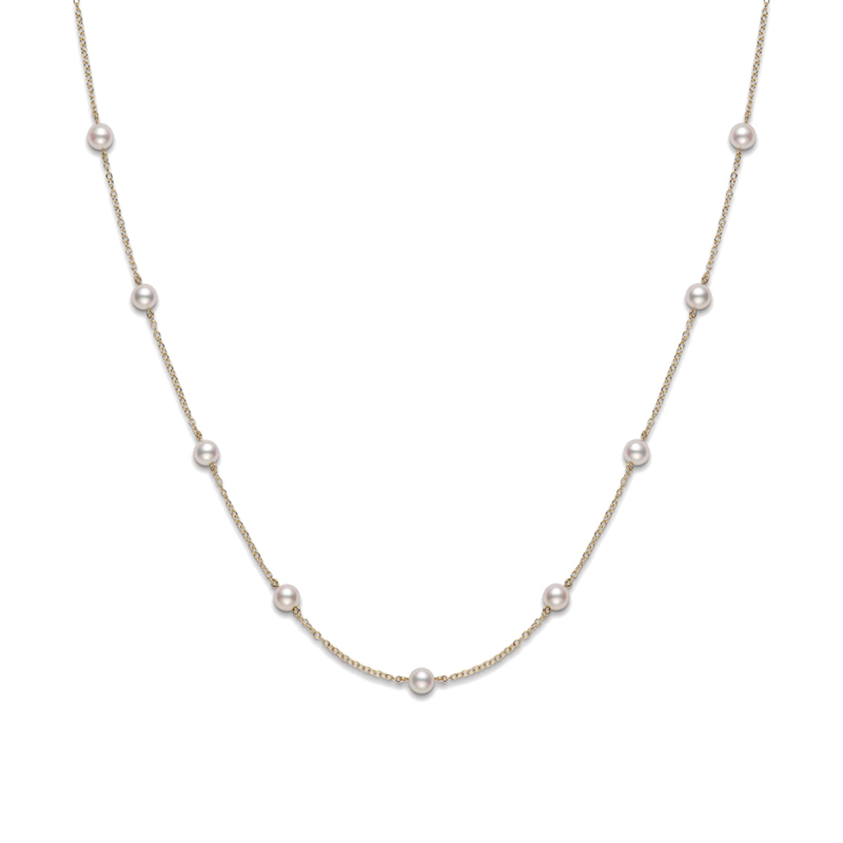The Mikimoto 18K Yellow Gold Akoya Cultured Pearl Station Necklace is an exquisite piece from Mikimoto, showcasing evenly spaced cultured pearls elegantly arranged along the chain.