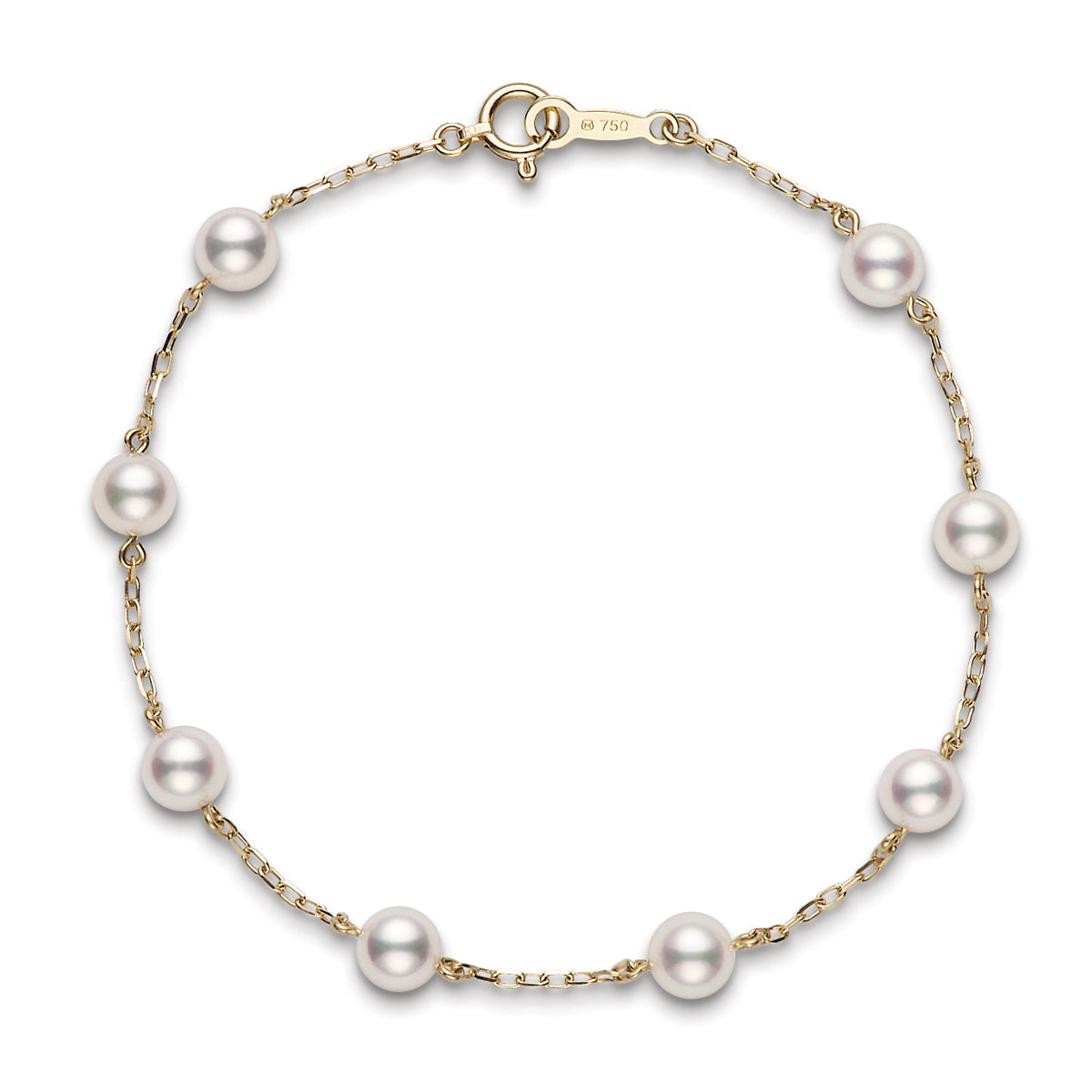 The Mikimoto 18K Yellow Gold Akoya Cultured Pearl Station Bracelet is an elegant piece crafted by Mikimoto, showcasing lustrous Akoya cultured pearls delicately positioned along a fine 18k yellow gold chain, finished with a round clasp.