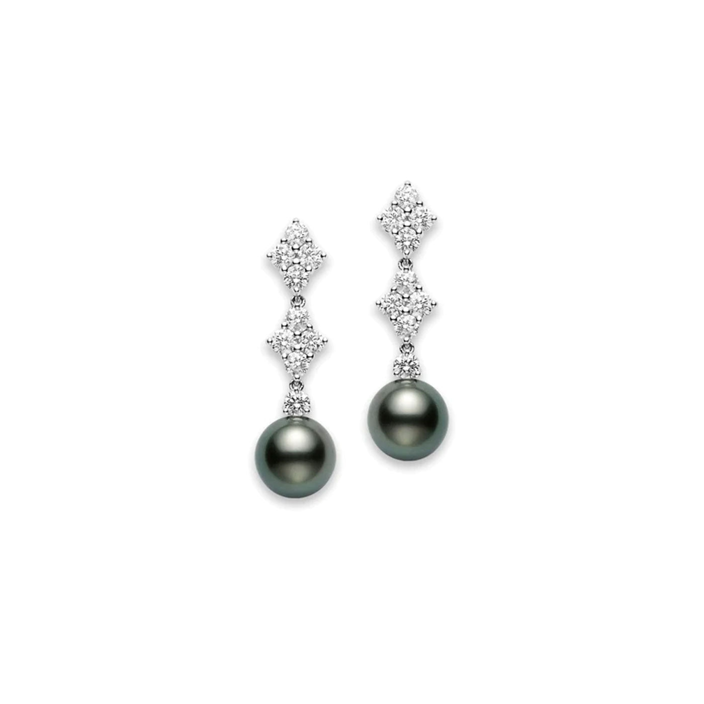 The Mikimoto 18K White Gold Diamond with Black South Sea Pearl Drop Earrings by Mikimoto feature diamond clusters arranged in a vertical line, each culminating in a single Black South Sea Pearl at the bottom. This symmetrical design beautifully combines the sparkle of diamonds with the rich luster of pearls.