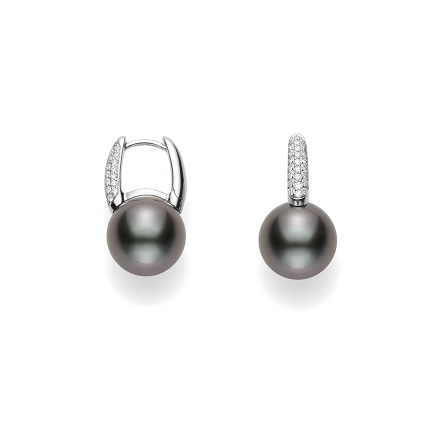 Introducing the Mikimoto 18K White Gold Diamond with Black South Sea Pearl Drop Earrings. These sophisticated earrings showcase luminous Black South Sea Pearls, each suspended from a silver clip beautifully adorned with small, sparkling diamonds for an added touch of elegance and luxury. The lustrous finish of the pearls enhances their captivating charm. Brought to you by the renowned brand, Mikimoto.