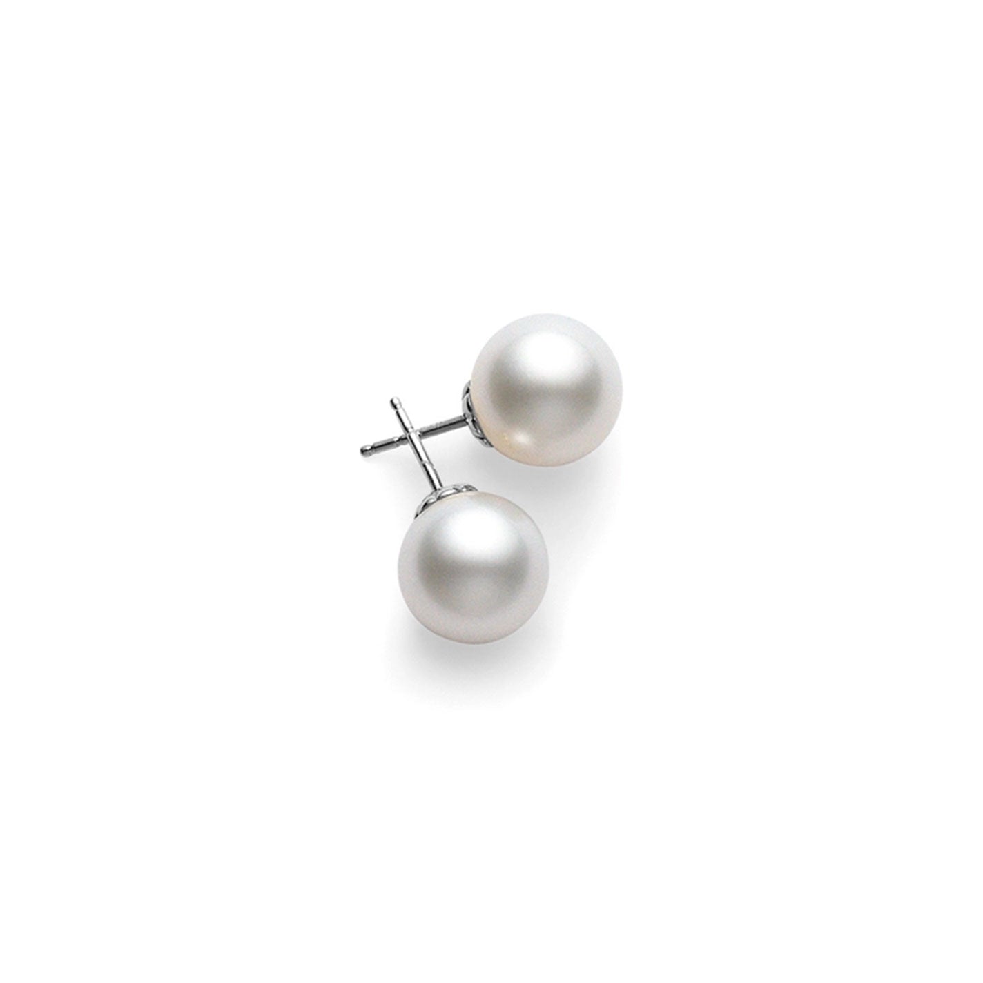 The Mikimoto 18K White Gold South Sea Pearl Drop Earrings showcase elegant round white pearls set on 18 Karat white gold posts, elegantly displayed against a plain white background.