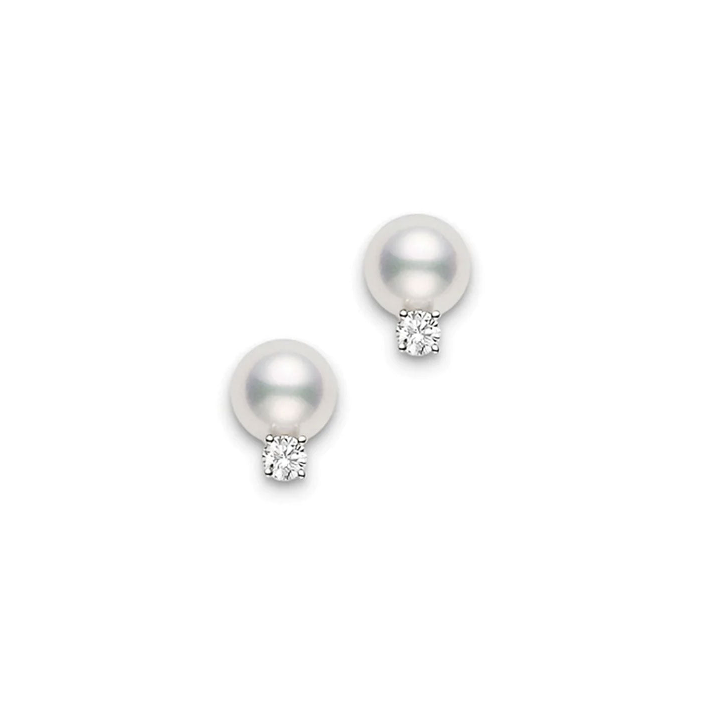 Presenting the Mikimoto 18K Yellow Gold Diamond with Akoya Cultured Pearl Stud Earrings, beautifully designed with cultured pearls and radiant diamonds, elegantly displayed on a simple white background.