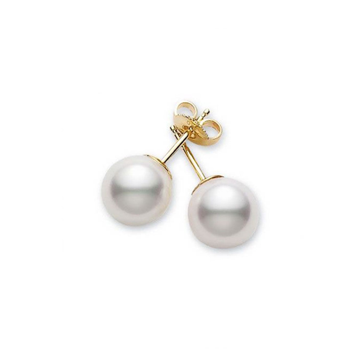 A pair of Mikimoto Akoya cultured pearl stud earrings with 18 Karat white gold posts, elegantly displayed on a white background.
