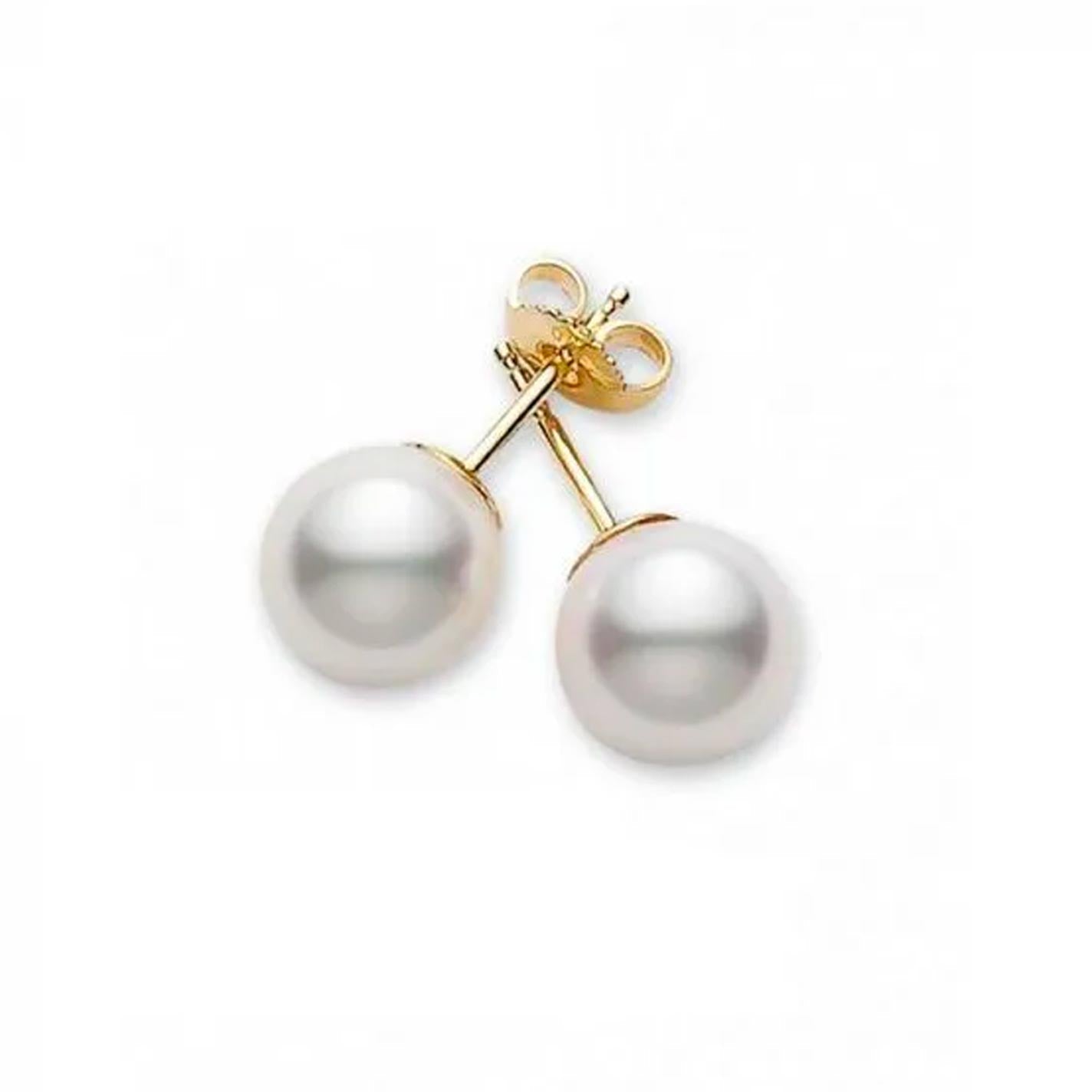 A pair of Mikimoto 18K Yellow Gold Akoya Cultured Pearl Stud Earrings displayed on a plain white background.