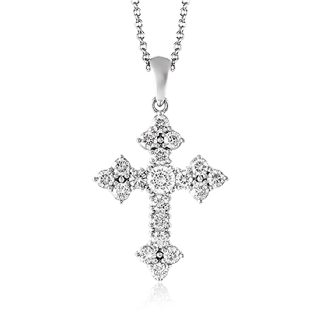 The Simon G 18K White Gold Diamond Cross Necklace Pendant features a sparkling cross adorned with round-cut diamonds, suspended from a delicate chain.