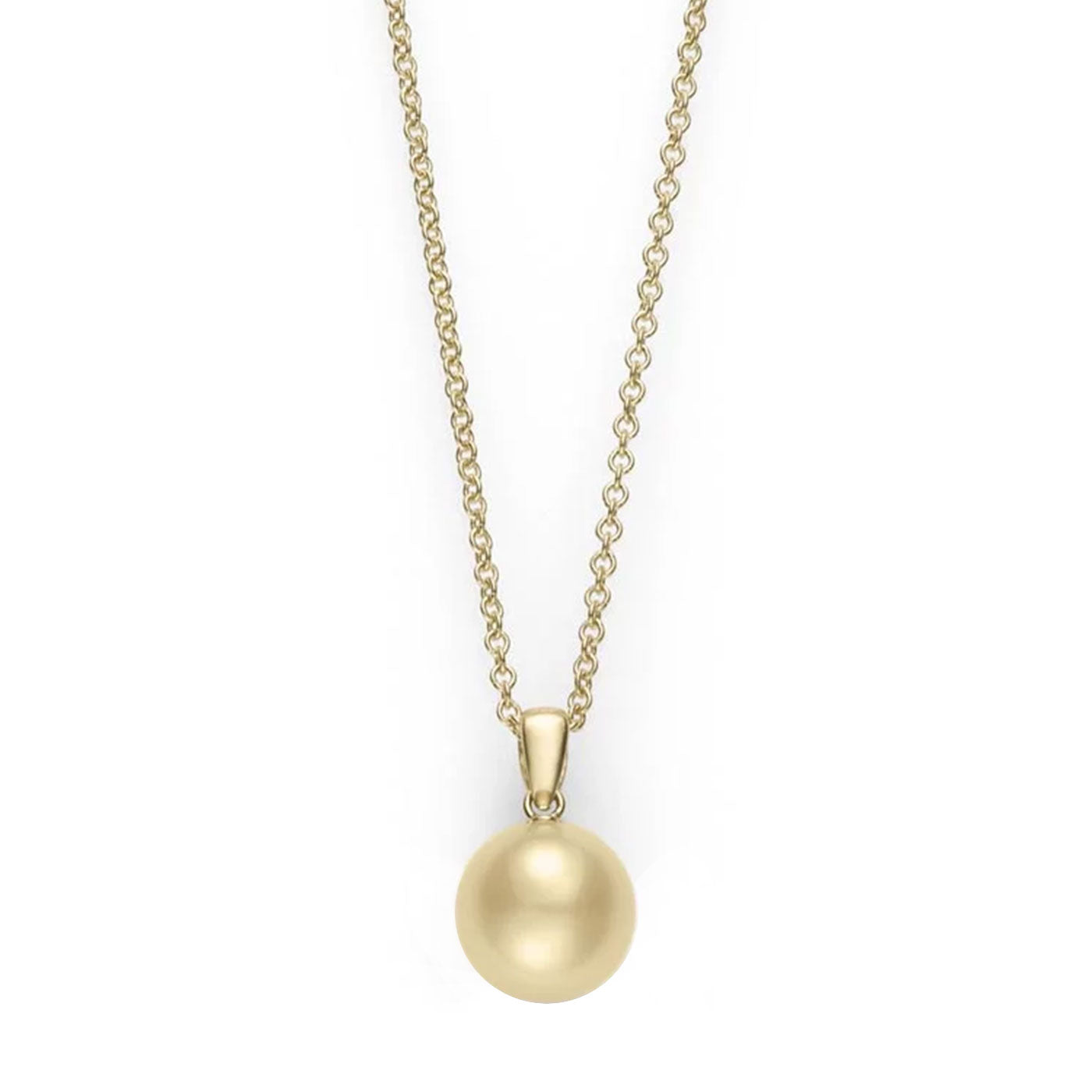 The Mikimoto 18K Yellow Gold Golden South Sea Pearl Necklace Pendant features a round, smooth pearl with a glossy finish suspended on a delicate 18-karat yellow gold chain. It is displayed against a plain white background.