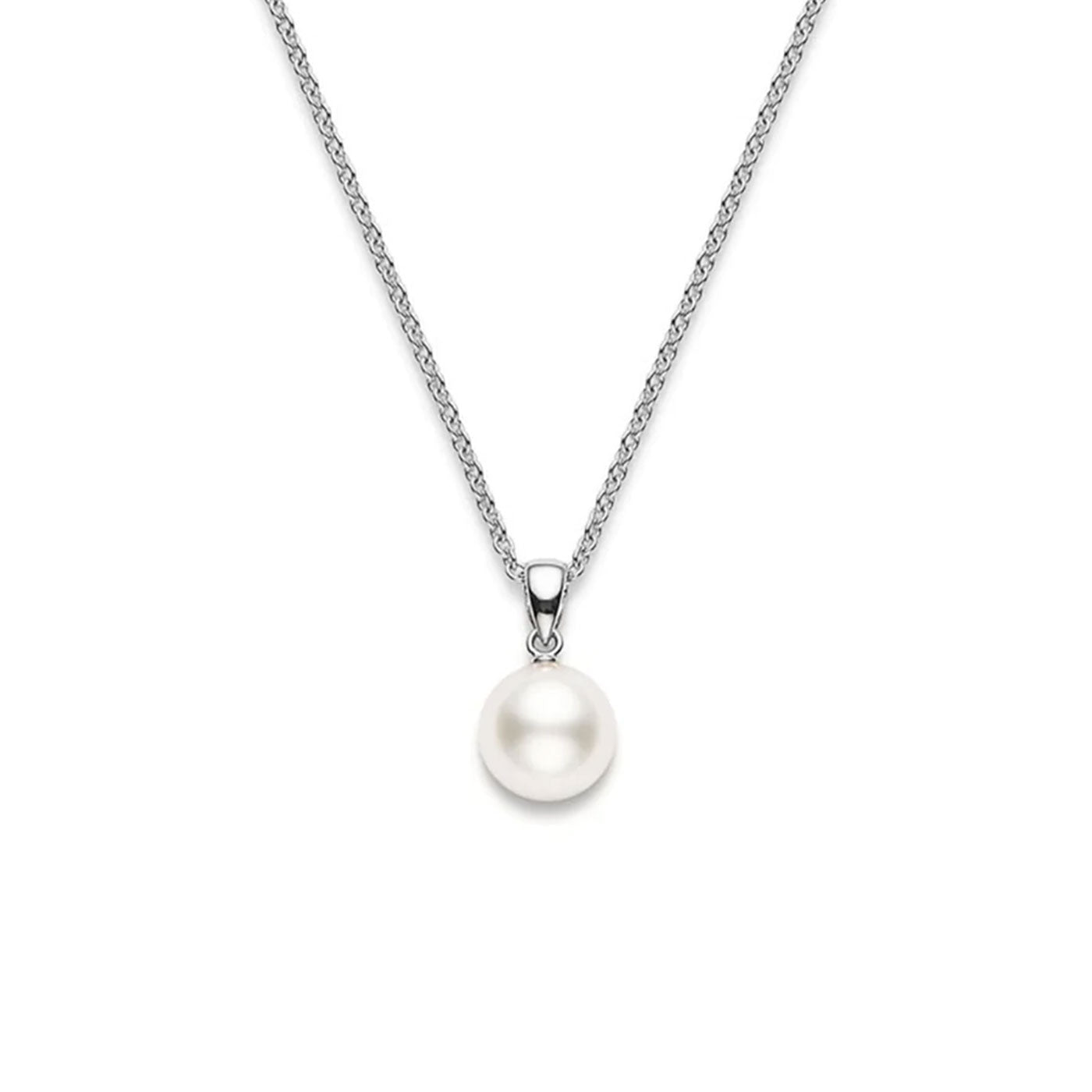 The Mikimoto 18K White Gold South Sea Pearl Necklace Pendant elegantly features a single South Sea pearl pendant, beautifully showcased against a white background.