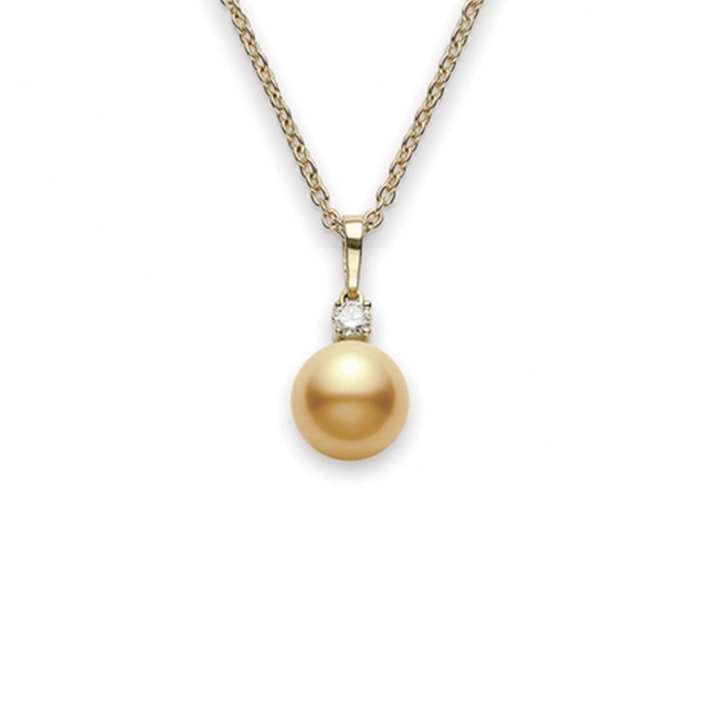 The Mikimoto 18K Yellow Gold necklace pendant, adorned with a stunning Golden South Sea pearl and elegantly accented by a small diamond, is displayed against a white background.