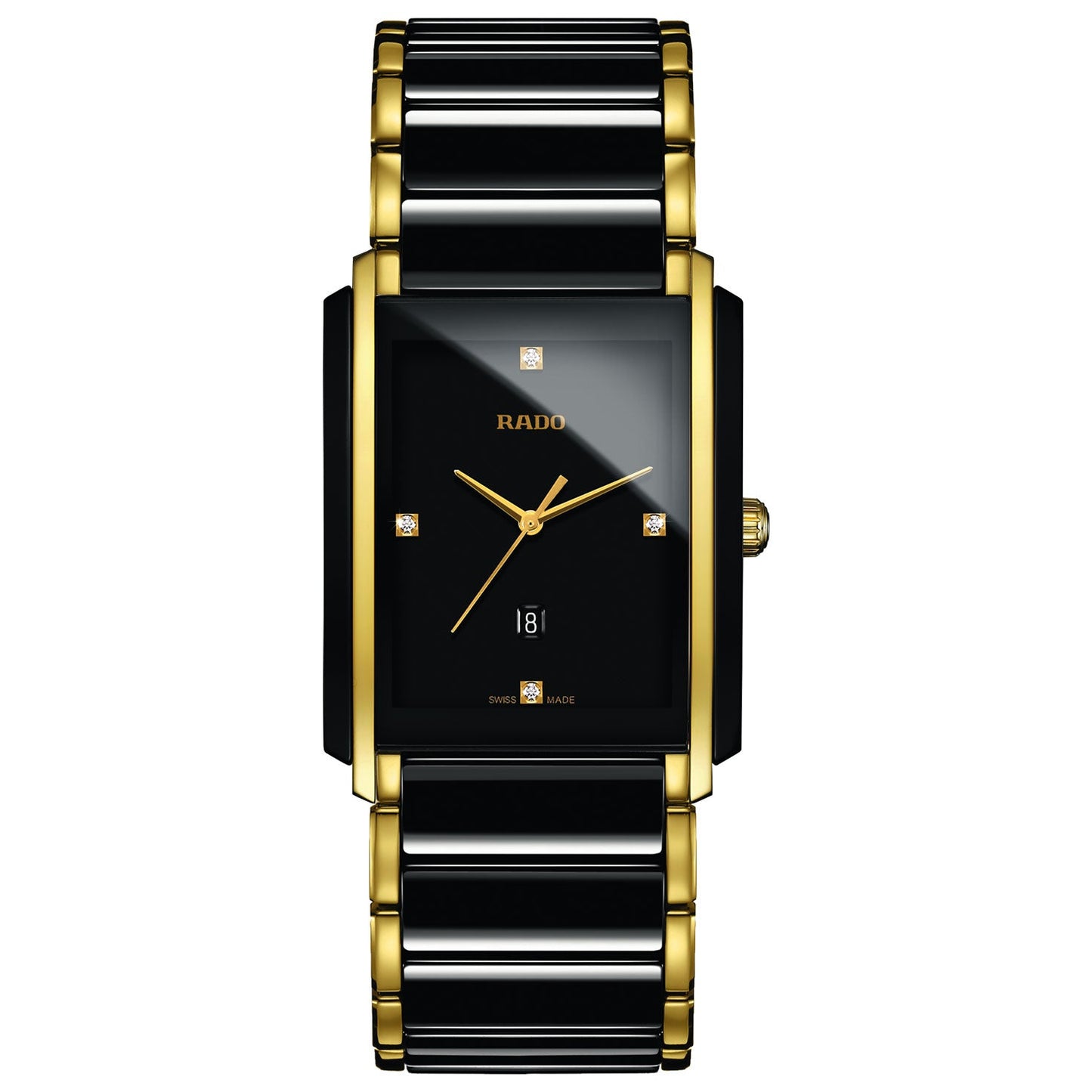 The RADO Integral Diamonds Quartz 31mm x 41.1mm watch boasts a sleek rectangular design with a black face accented by luxurious gold details. It features gold hour and minute hands, four small square markers, and a date display at the bottom. Enhancing its elegance is the two-tone bracelet crafted from high-tech ceramic in gold and black, perfectly complemented by the distinguished "RADO Integral" name.
