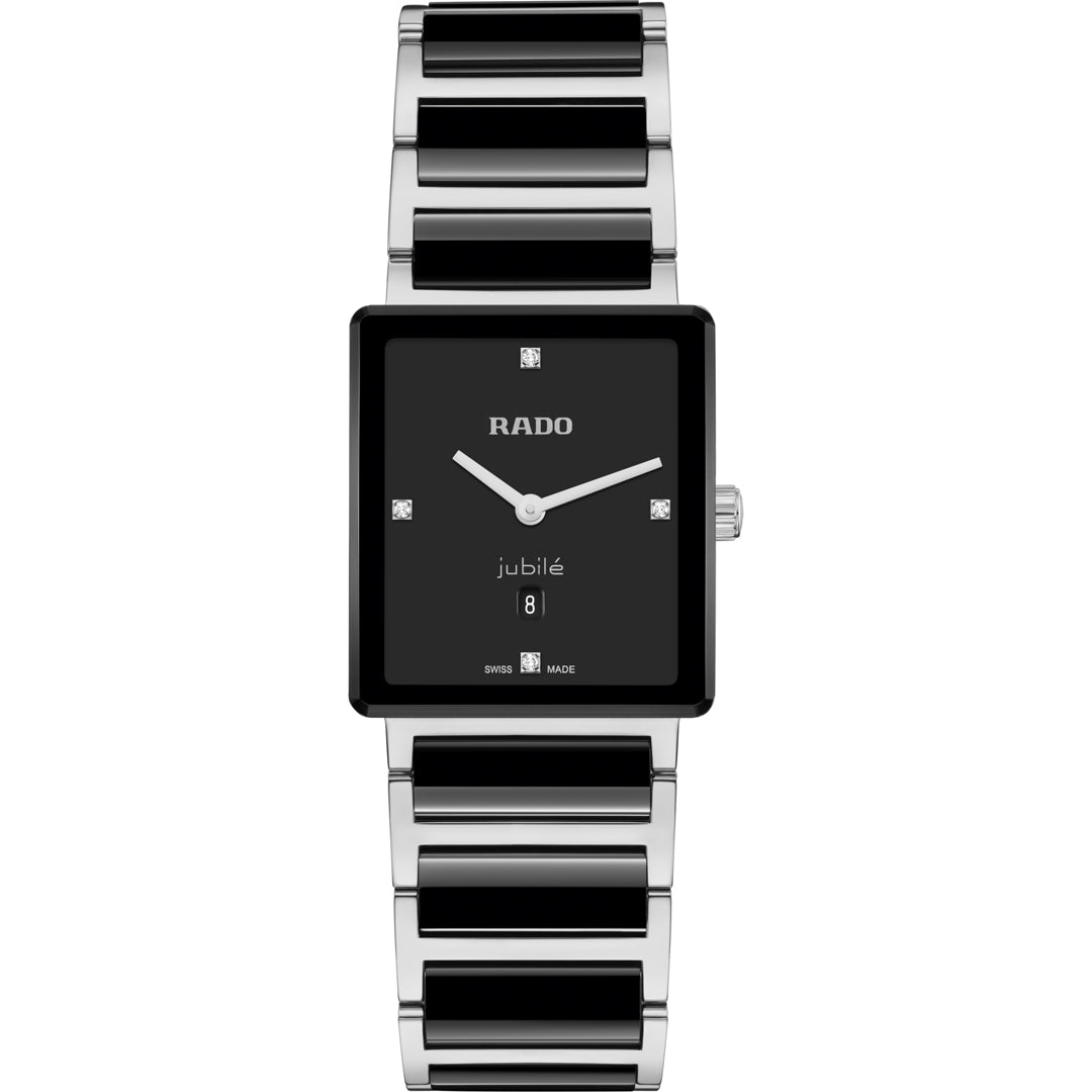 The RADO Integral Diamonds Quartz 28mm Watch features a rectangular black dial with diamond indices, silver hands, date display, sapphire crystal, and a silver and black ceramic link bracelet.