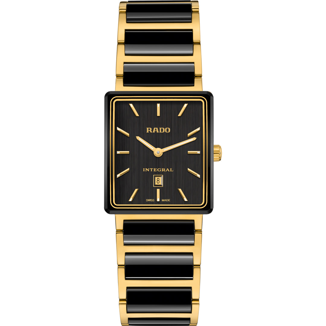 The RADO Integral 40 Year Anniversary Edition Quartz 28mm Watch features a Swiss-made black and gold high-tech ceramic bracelet, black dial with gold markers and hands, and a date display at 6 o’clock.