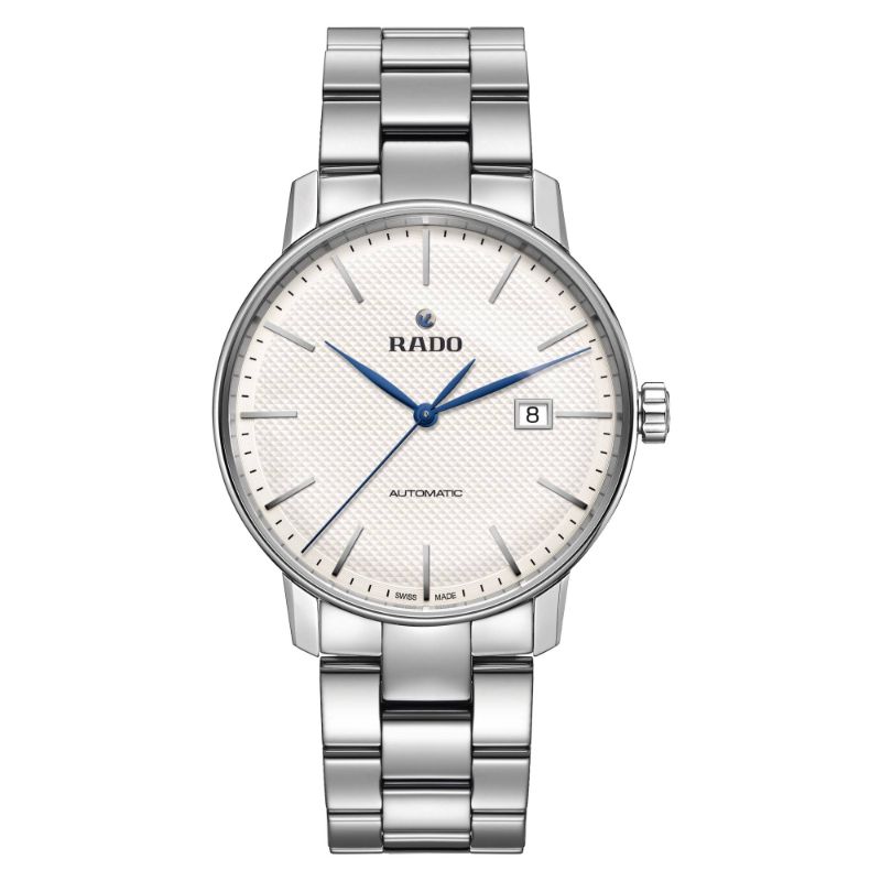 RADO Coupole Classic Automatic 41mm Watch featuring a silver stainless steel case, a white textured dial protected by sapphire crystal, and blue hour and minute hands. The watch includes a date display at the 3 o'clock position with the brand name "RADO" above the center. The bracelet boasts a polished finish.