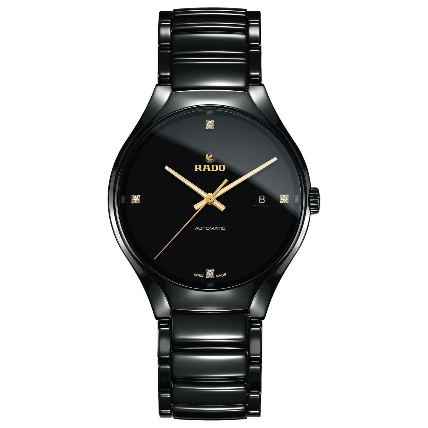 The RADO True Round Automatic 40mm Watch showcases a Swiss automatic movement within its glossy black design. Featuring gold hands and four sparkling diamond hour markers on the dial, it includes a date function at 3 o'clock. A polished ceramic link bracelet completes this elegant masterpiece.