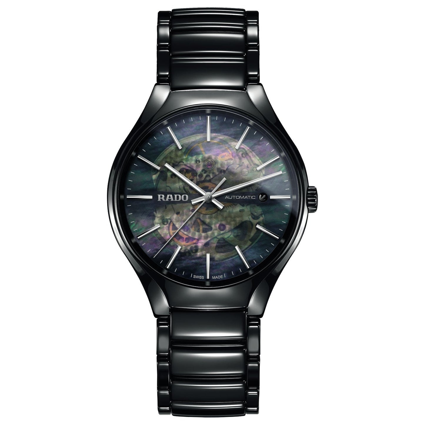 The RADO True Round Automatic Open Heart 40mm Watch boasts a sleek black design with a polished metal band, featuring a dark iridescent dial. With a Swiss automatic movement and thin silver markers, this modern, elegant timepiece embodies precision in style.