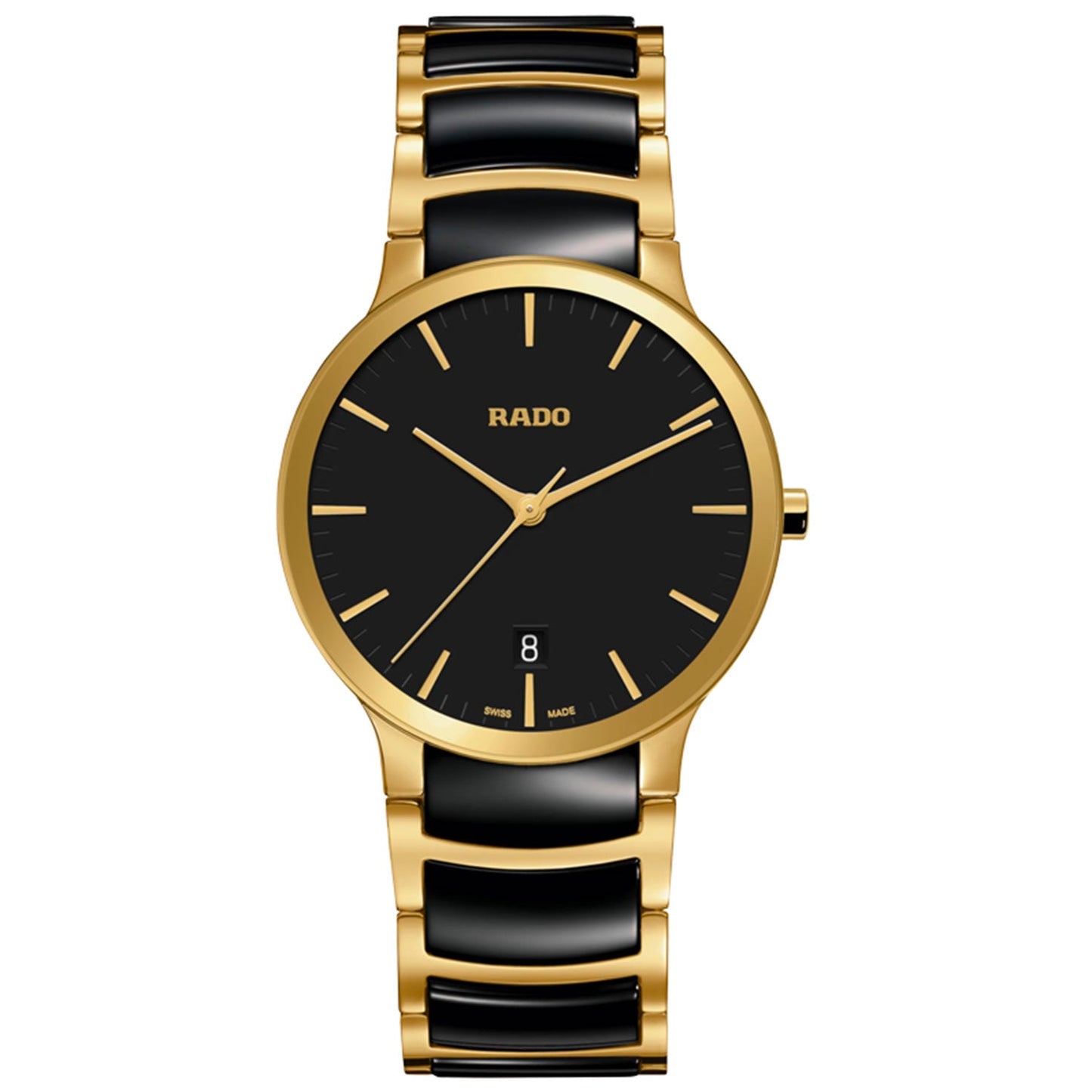 Introducing the RADO Centrix Quartz 38mm Watch, a sophisticated timepiece from RADO. It features a gold and black link band and utilizes Swiss quartz movement. The watch has a sleek black dial shielded by sapphire crystal, showcasing gold hour markers and minimalist hands. Elegantly branded with "Rado" at the top, it also includes a discreet date window positioned at 6 o'clock.