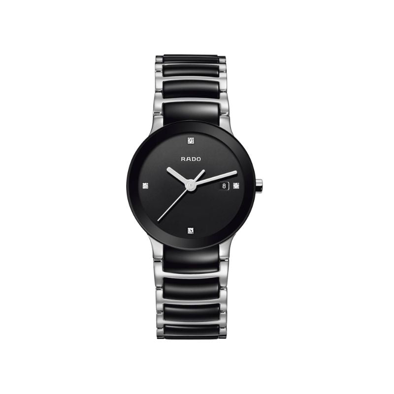 Introducing the RADO Centrix Diamonds Automatic 28mm Watch by RADO, a wristwatch with a sleek design featuring a black circular dial and an elegant silver and black metal bracelet. The watch is enhanced by scratch-resistant sapphire crystal and showcases small square hour markers along with a date window at the four o'clock position.