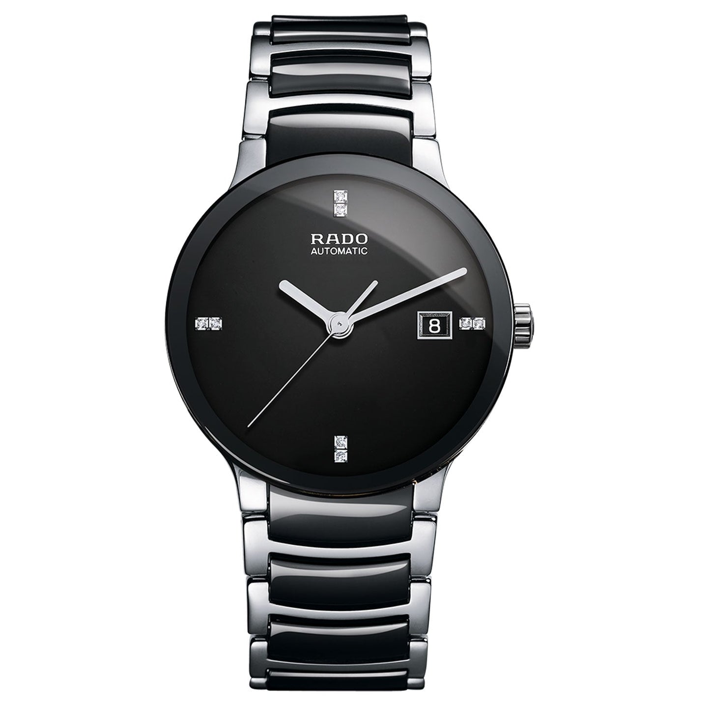 Introducing the RADO Centrix Automatic 38mm Watch, a stylish and sophisticated piece featuring a black dial adorned with metallic hour markers. It includes a date window positioned at 3 o'clock and boasts a silver strap integrated with black ceramic links. The watch is enhanced by silver-toned hands, all safeguarded by scratch-resistant sapphire crystal.