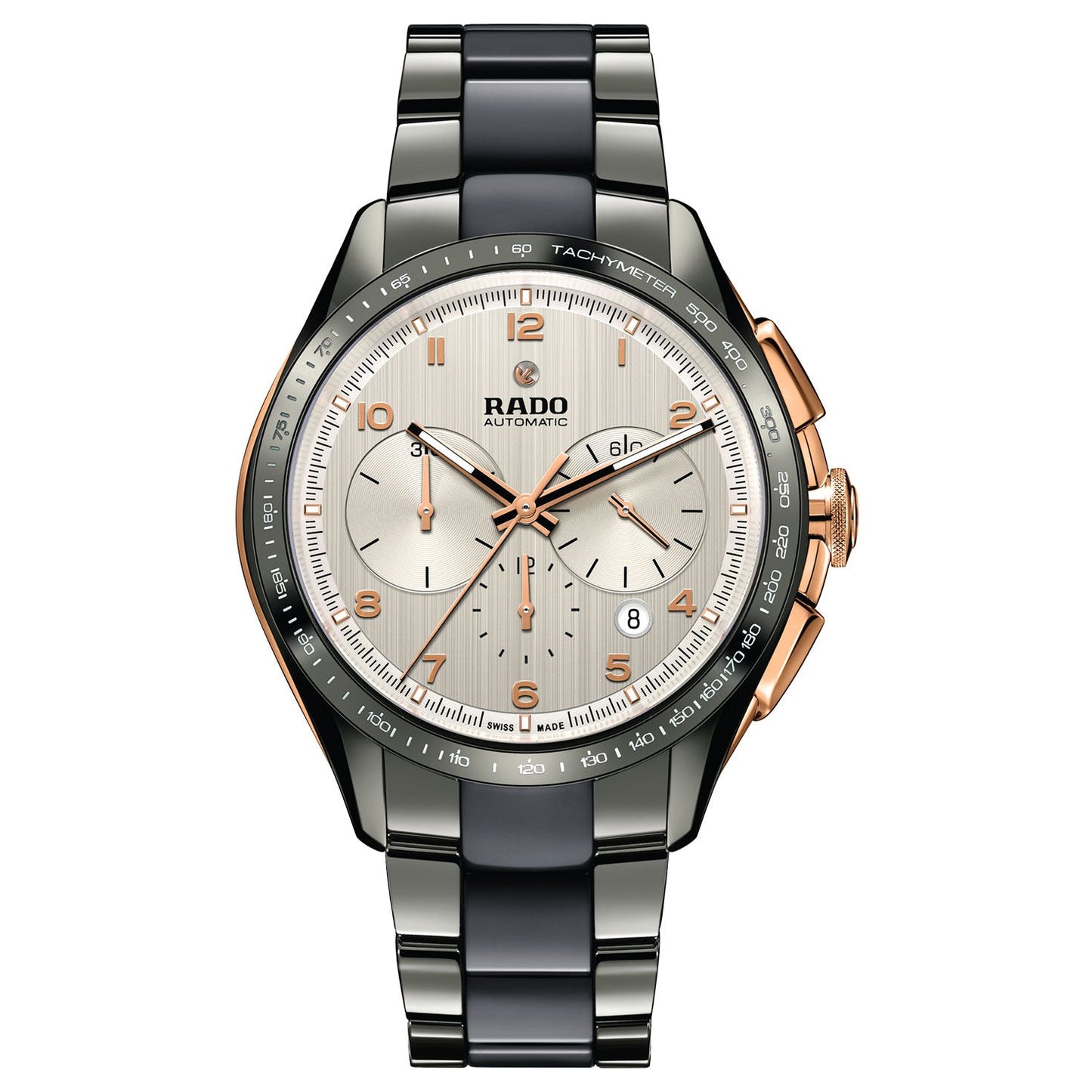 The RADO HyperChrome Automatic 45mm Watch showcases a sleek blend of stainless steel and black ceramic in its bracelet. It includes a silver dial adorned with three subdials, a date window, rose gold-tone accents, and features a tachymeter scale on the bezel—making it an ideal accessory for any business suit.