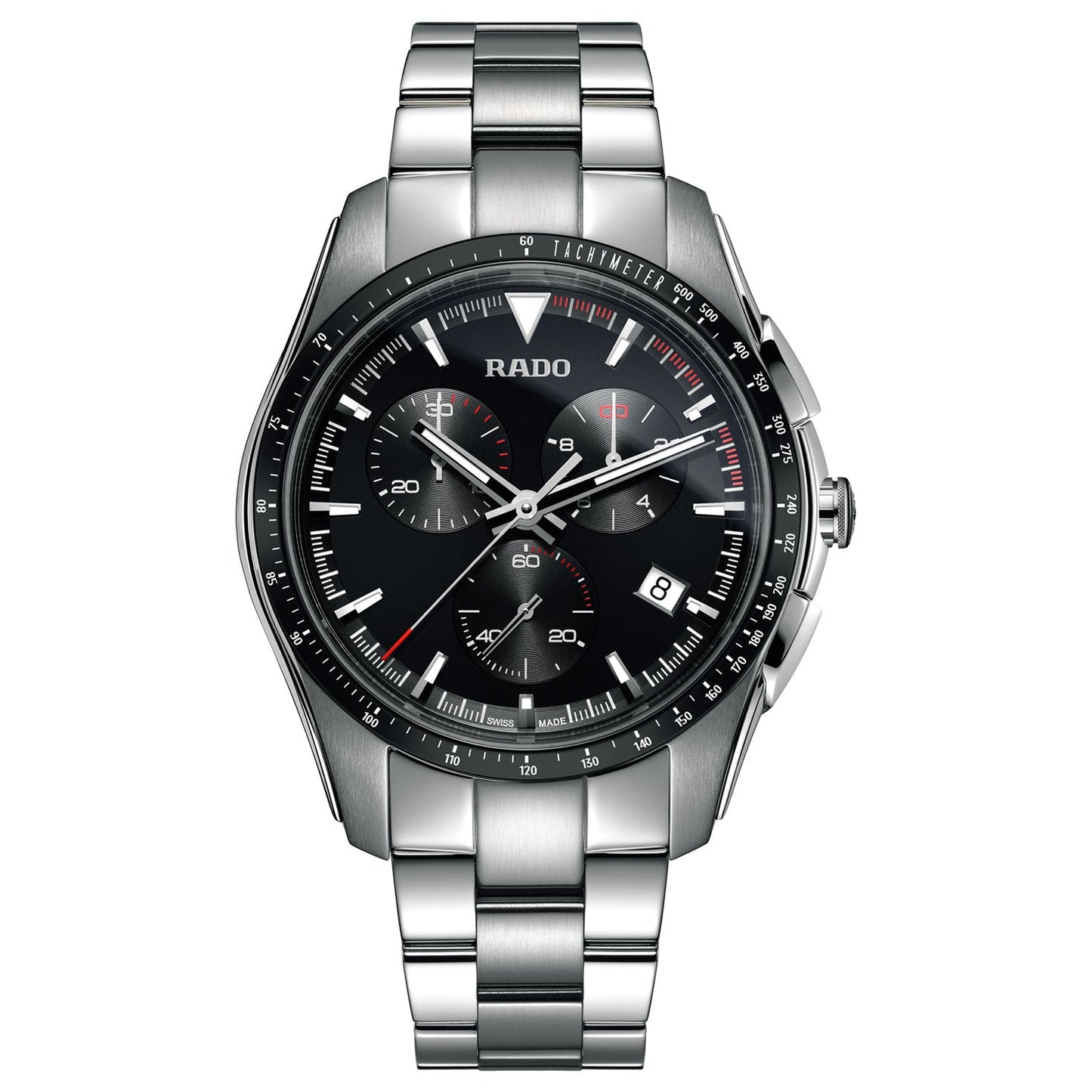 A sleek and sporty silver wristwatch with a durable stainless steel band, the RADO HyperChrome Chronograph Quartz 44.9mm Watch showcases a black watch face with three sub-dials, a date window at the 4 o'clock position, and eye-catching red accents on its hands and markers. The elegant RADO branding is positioned just below the 12 o'clock mark, adding an extra layer of sophistication.