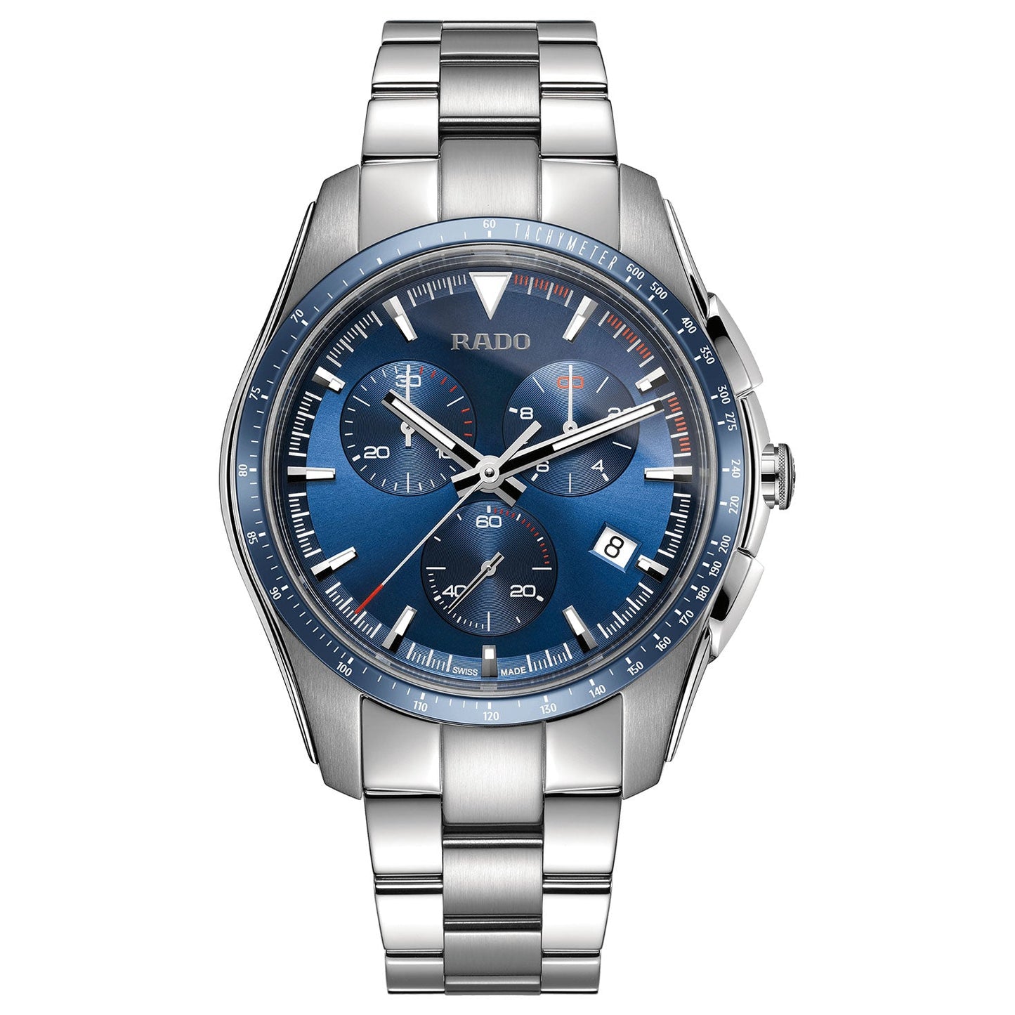 Introducing the RADO HyperChrome Chronograph Quartz 44.9mm Watch, a sporty timepiece featuring a 45mm blue dial with three subdials, a date display, and tachymeter markings. The luminous hour markers and hands enhance its style, while the stainless steel bracelet with clasp ensures lasting durability. This silver metal wristwatch perfectly captures the essence of the RADO brand.