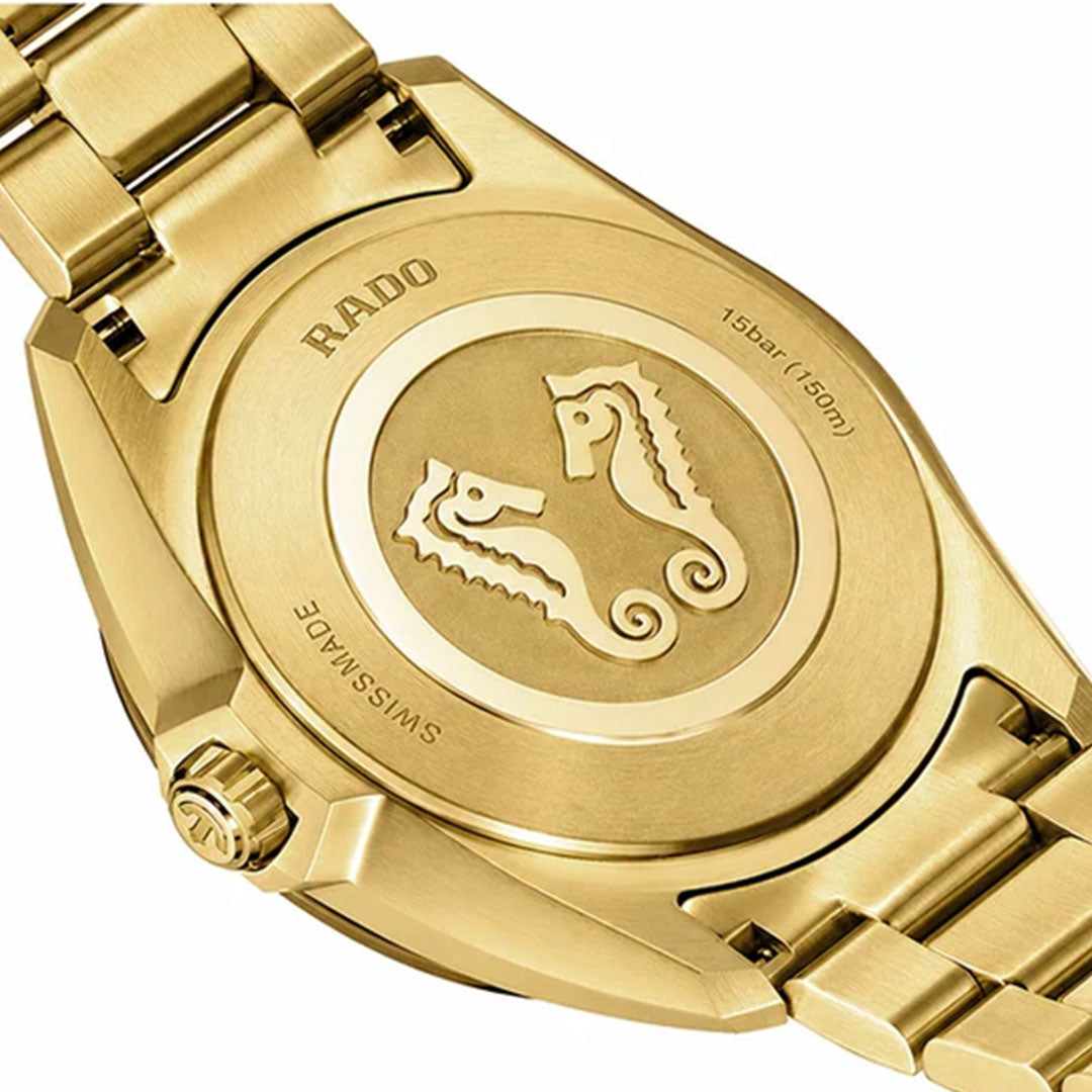 Close-up of the back of the RADO HyperChrome Quartz 41.5mm Watch, showing an engraved design of two seahorses, plus inscriptions "RADO," "SWISS MADE," and "15 bar (150m)" from the RADO brand.