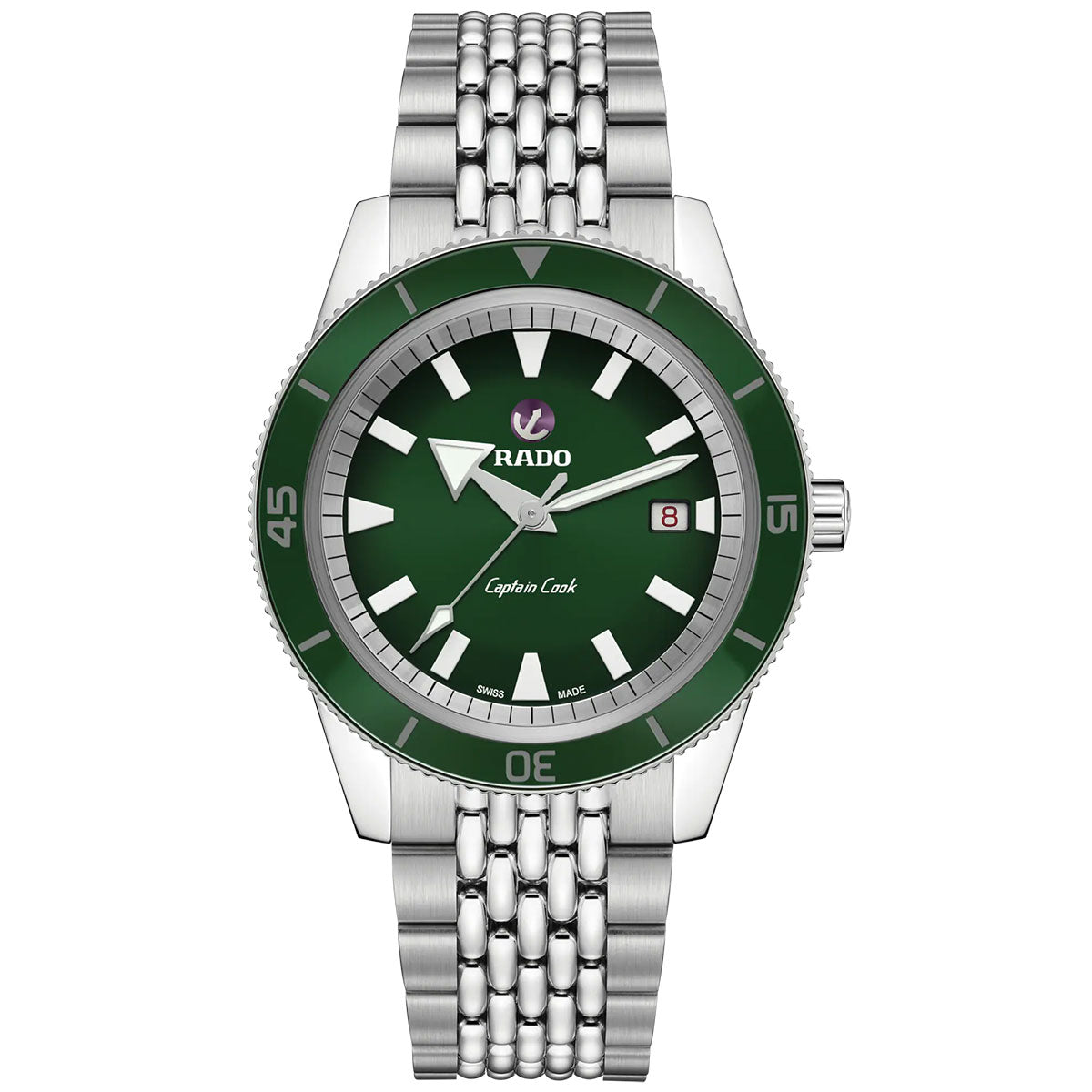 The RADO Captain Cook Automatic 42mm Watch, created by RADO, showcases a vintage design with a silver five-link metal bracelet. It features a striking green dial adorned with white hour markers and includes a date display at the 3 o'clock position, seamlessly combining timeless style with modern elegance.