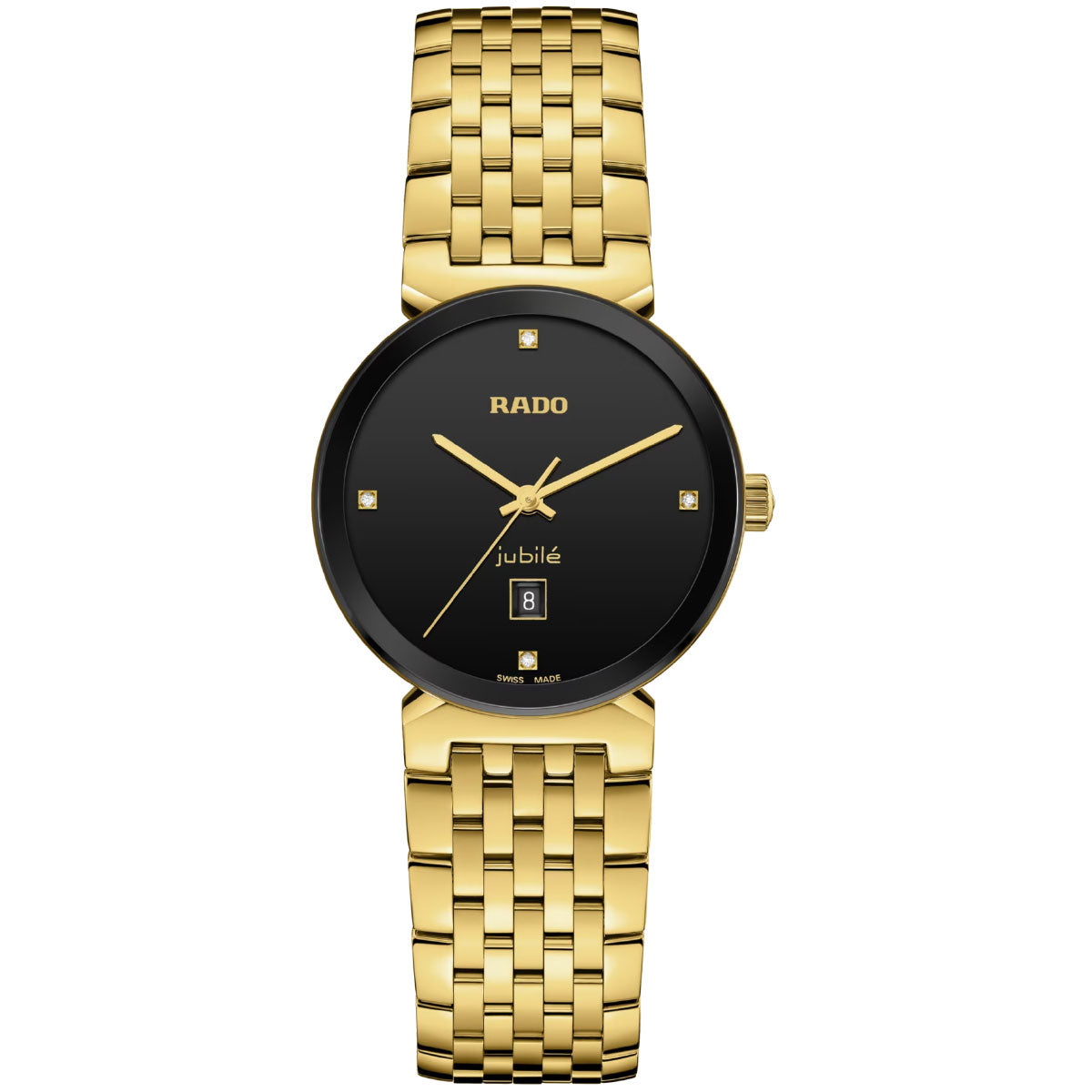 The RADO Florence Classic Diamonds Quartz 30mm Watch is a Swiss-made timepiece featuring a gold wristwatch with a black face, where the "RADO" logo shines in gold letters. It boasts quartz movement, a date display, and four small diamonds marking the 3, 6, 9, and 12 o'clock positions on its sophisticated gold link band.