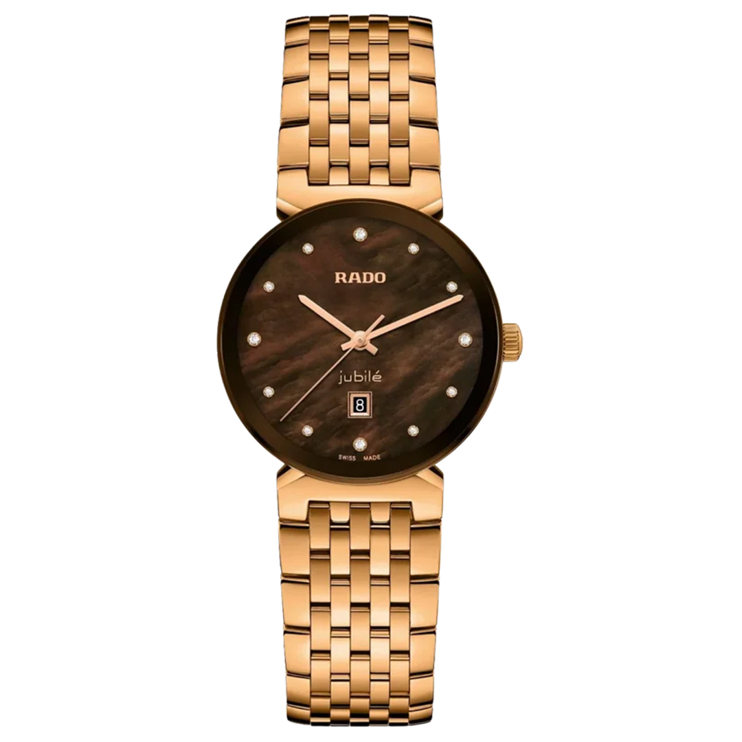 A RADO Florence Diamonds Quartz 30mm Watch featuring a rose gold-tone metal link strap, a dark textured face with diamond hour markers, and a date window at the six o’clock position.