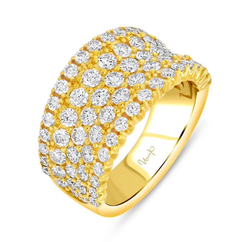 The Uneek Bouquet 18K Yellow Gold Diamond Fashion Ring from the brand Uneek is an elegant piece featuring a wide band in yellow gold, embellished with multiple closely arranged round diamonds in a textured pattern. It boasts a luxurious appearance with a polished finish.
