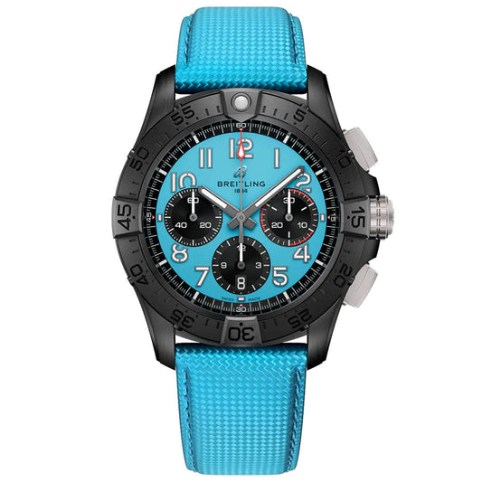 The BREITLING Avenger B01 Chronograph 42 Night Mission by Breitling features a turquoise blue dial with black subdials, bold white numerals, and a matching turquoise textured strap in a striking black and silver stainless steel design.