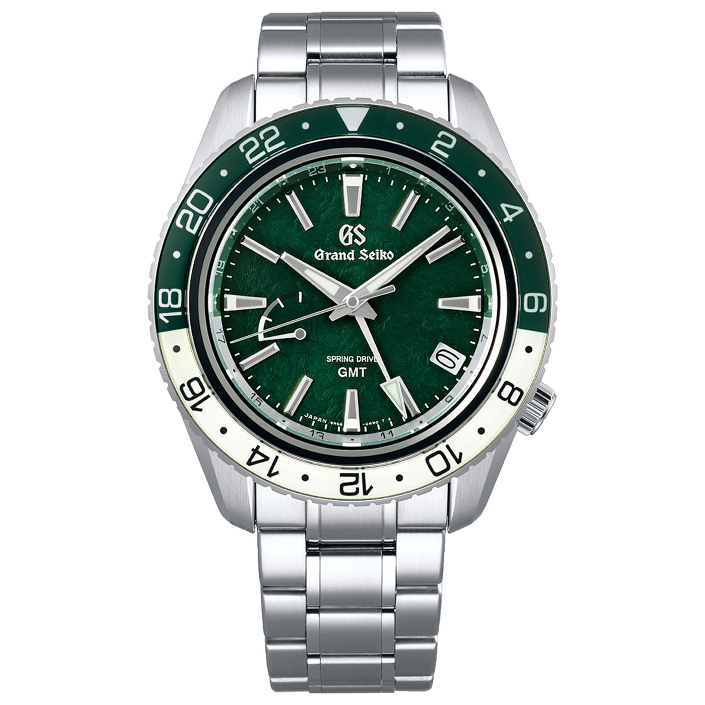 A stylish Grand Seiko Sport Collection Spring Drive GMT 44mm Watch in stainless steel features a striking green dial and bezel. It incorporates the cutting-edge Spring Drive movement and includes a GMT function, offering a second time zone hand, silver markers, and a date window. The watch is complemented by an elegant metal bracelet.