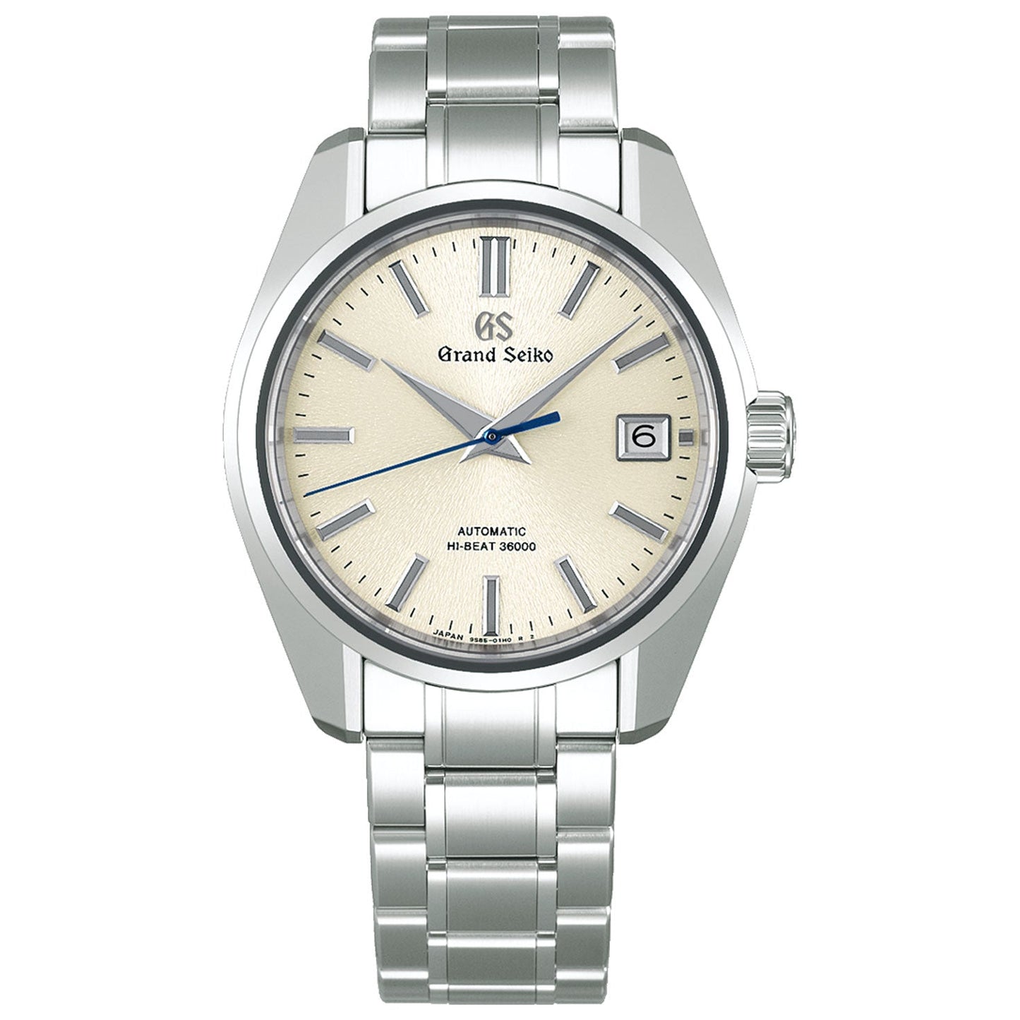 The Grand Seiko Heritage Collection 44GS Automatic with Manual Winding Mechanical Hi-Beat 36000 40mm Watch is a sophisticated timepiece featuring a cream dial adorned with silver hour markers and an eye-catching blue second hand. The watch includes a date window positioned at 3 o'clock and is powered by the impressive automatic hi-beat 36000 movement, prominently displaying the "Grand Seiko" logo on the dial.