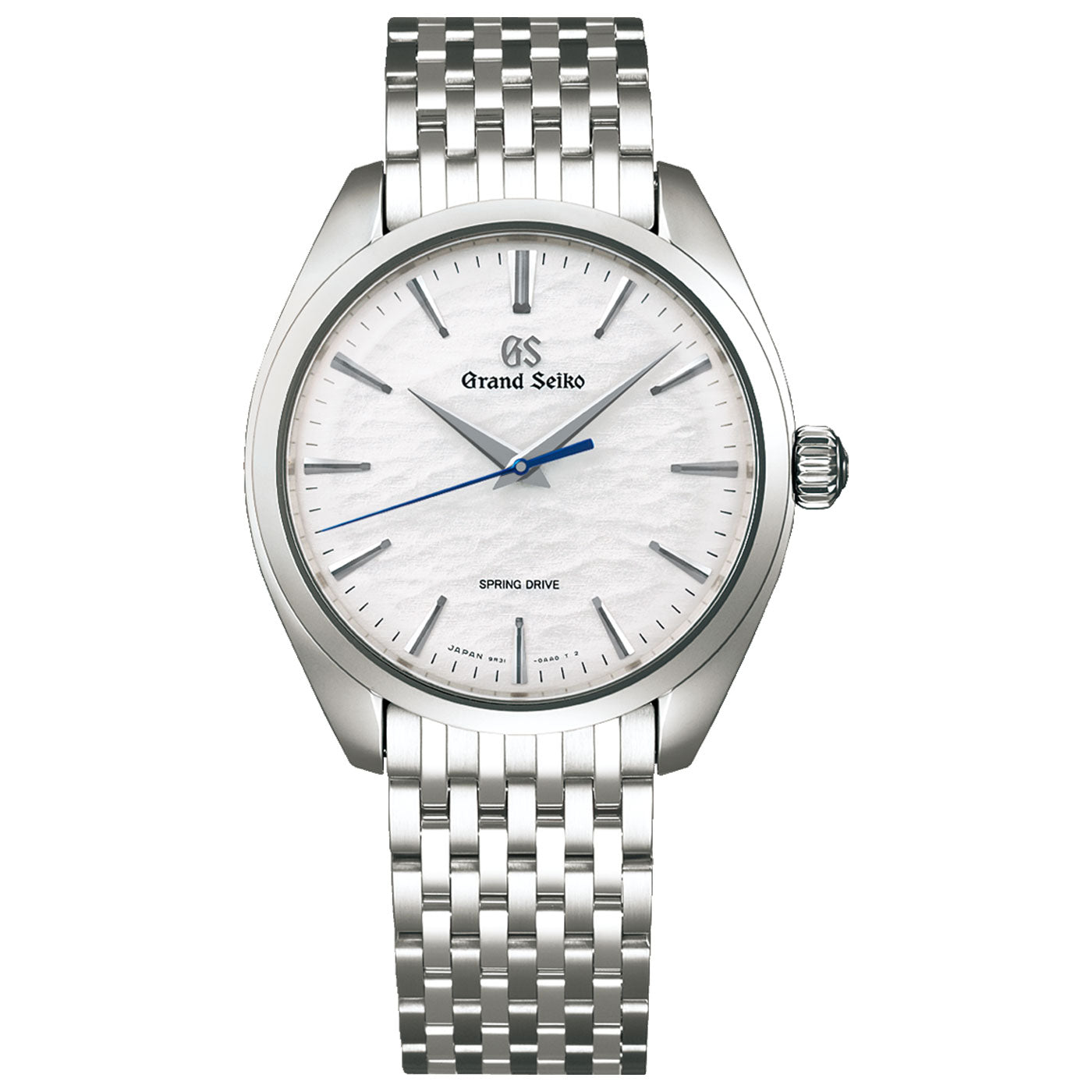 The Grand Seiko Elegance Collection Spring Drive 38.5mm Watch boasts a textured white dial adorned with silver hour markers and hands. Its refined design includes a stainless steel bracelet and a distinct blue second hand, with "Spring Drive" elegantly printed on the dial, offering a moderately luxurious aesthetic.