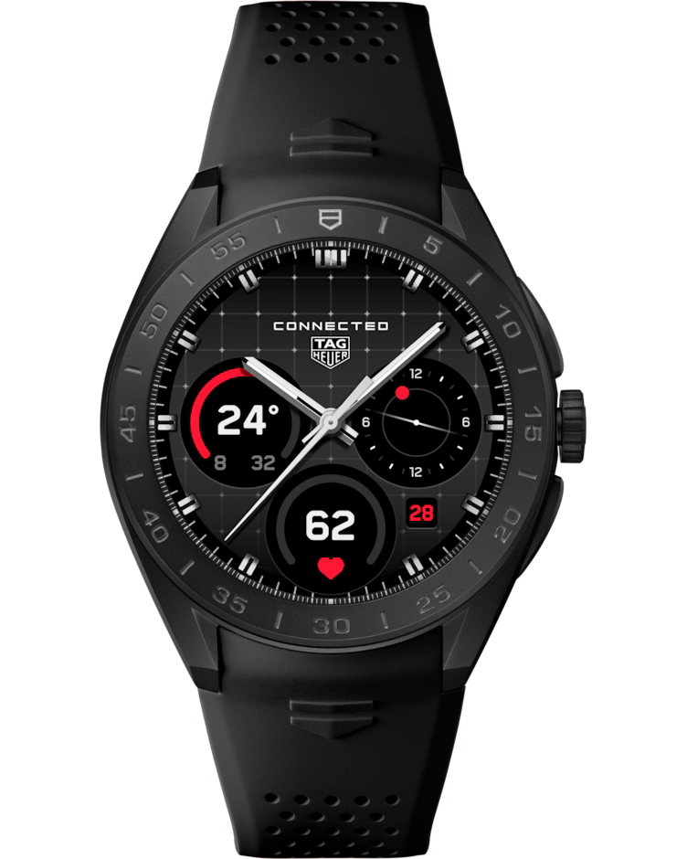 The TAG Heuer Connected Calibre E5 45mm Smart Watch by TAG Heuer features a sleek, modern design with a black rubber strap. Its digital face displays temperature, heart rate, date, and time.